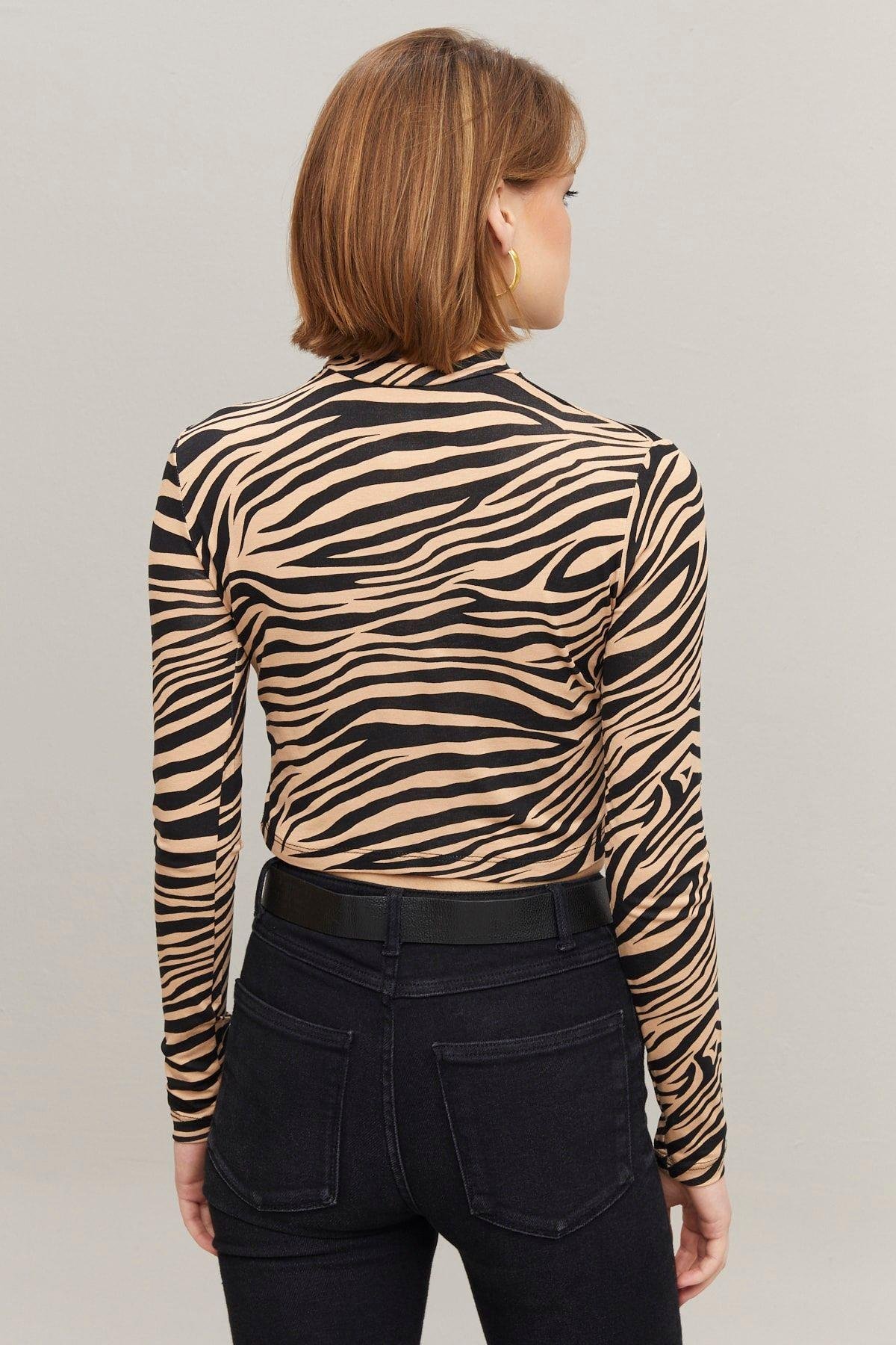 Kadın Siyah-Camel Yarım Balıkçı Crop Bluz LPP1137-1