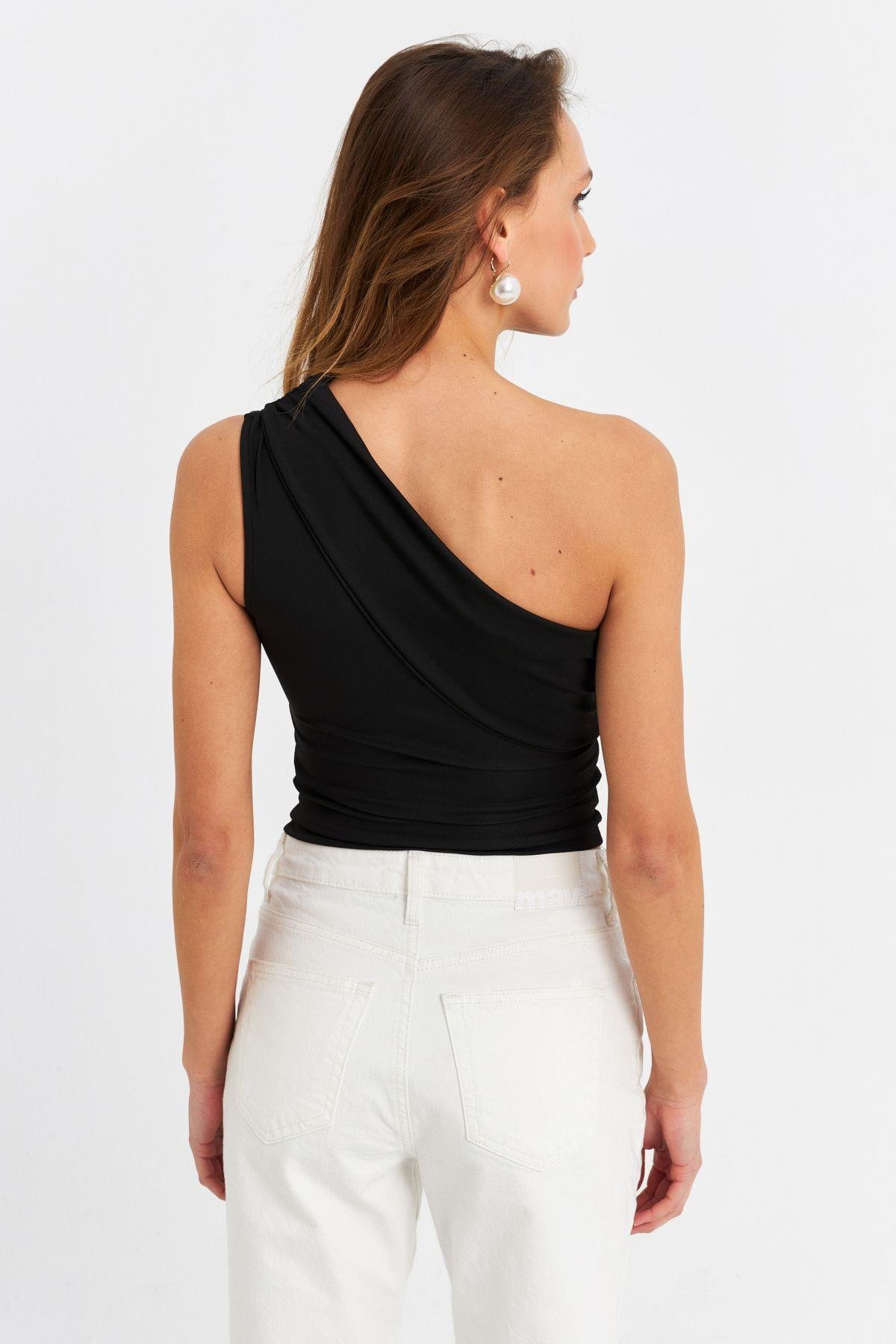 Kadın Siyah Çapraz Yaka Crop Bluz B6082