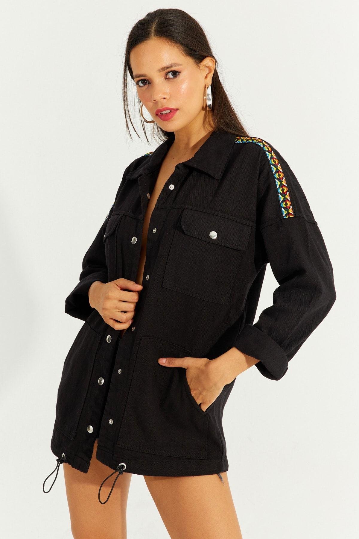 Kadın Siyah Çıtçıtlı Denim Gömlek Ceket İS2120