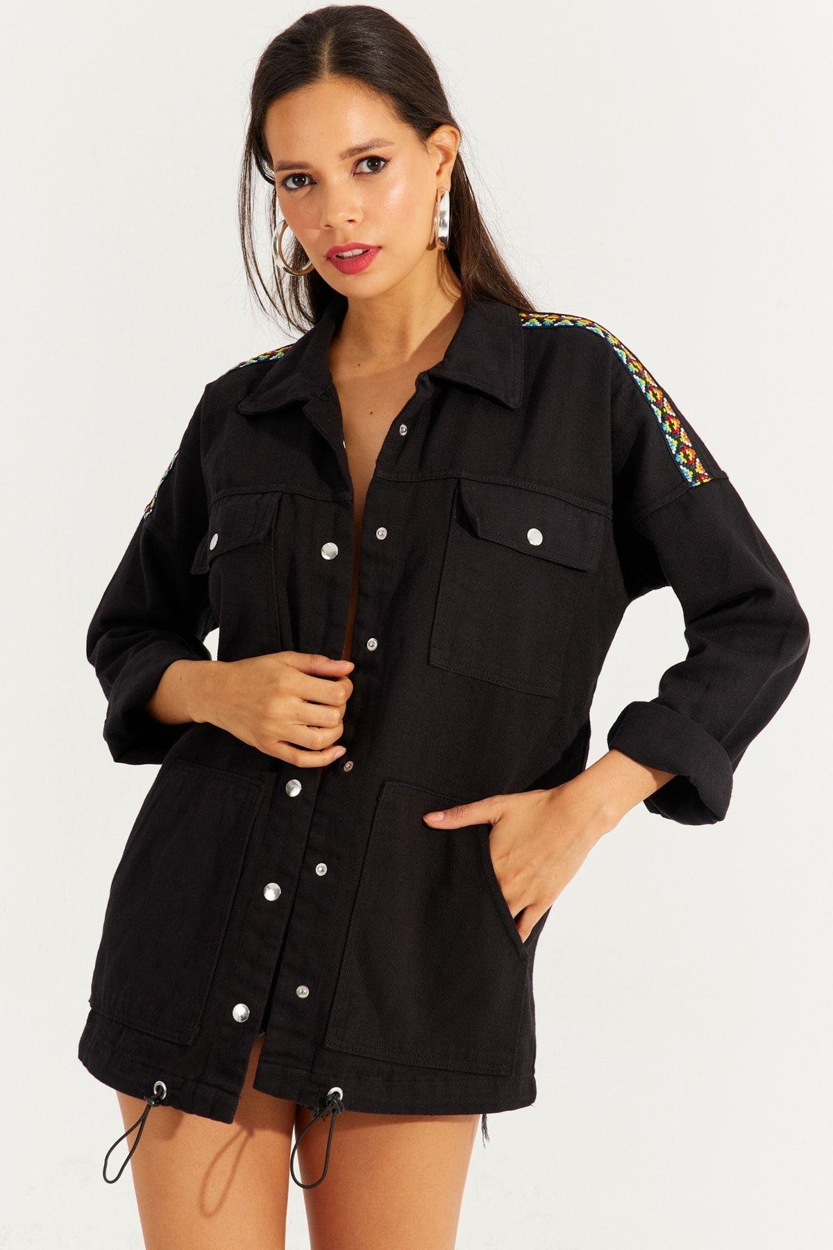 Kadın Siyah Çıtçıtlı Denim Gömlek Ceket İS2120