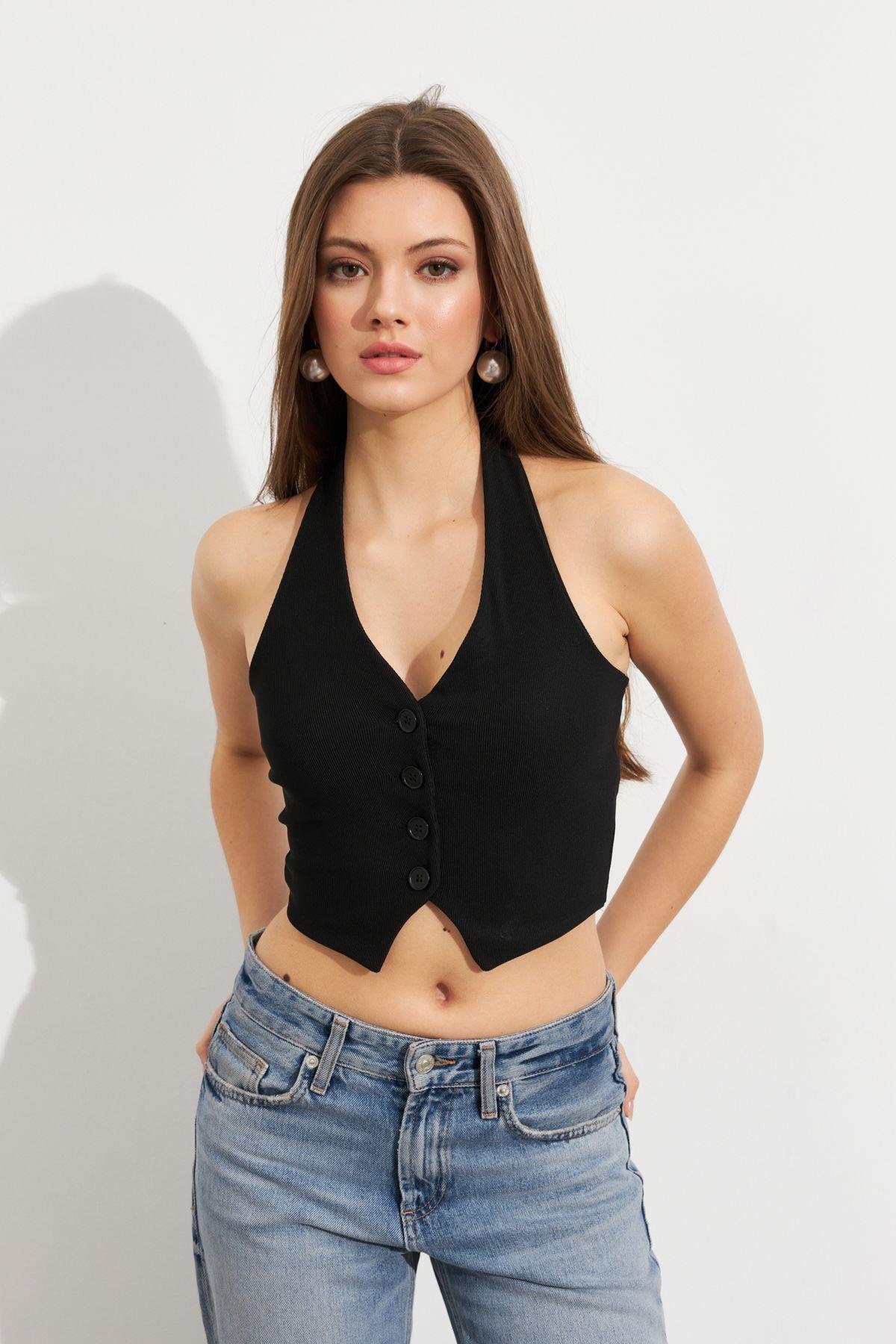 Kadın Siyah Crop Bluz SE18