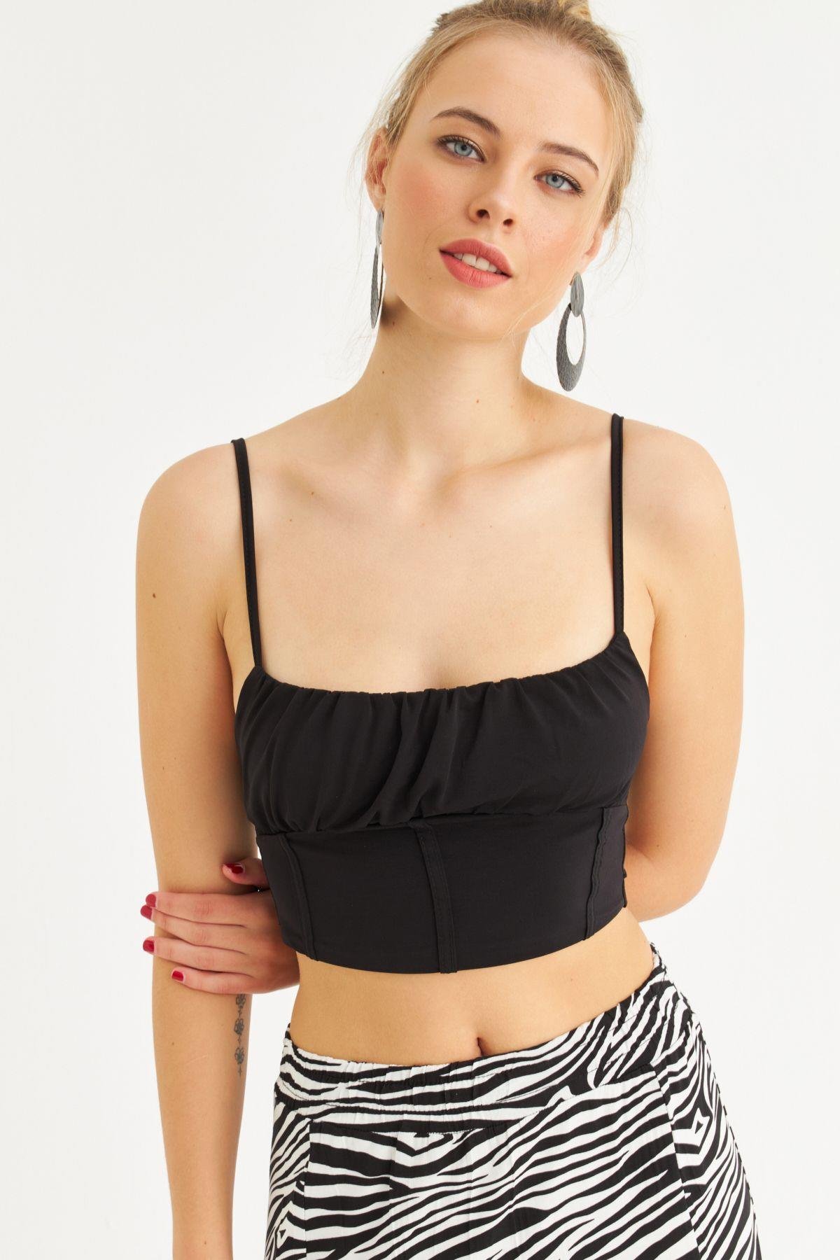 Kadın Siyah Crop Bluz ZH259