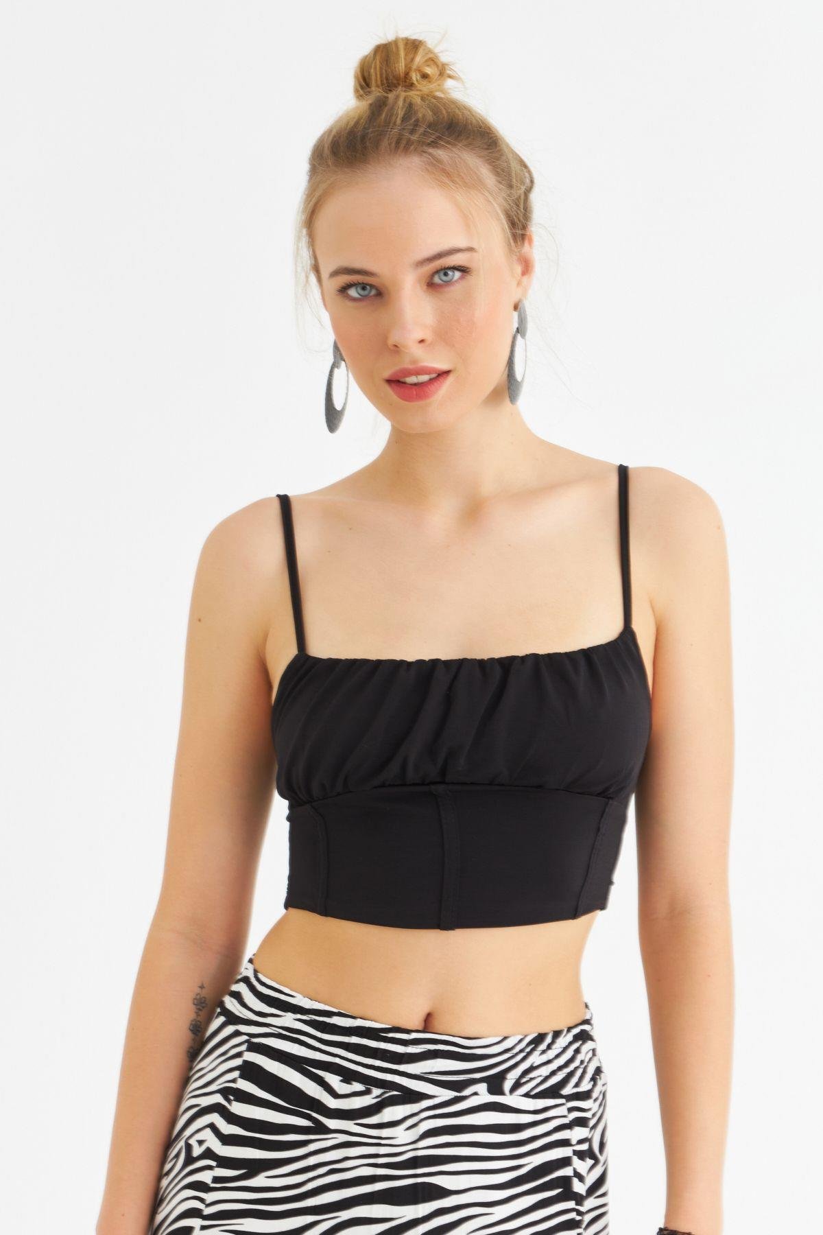 Kadın Siyah Crop Bluz ZH259