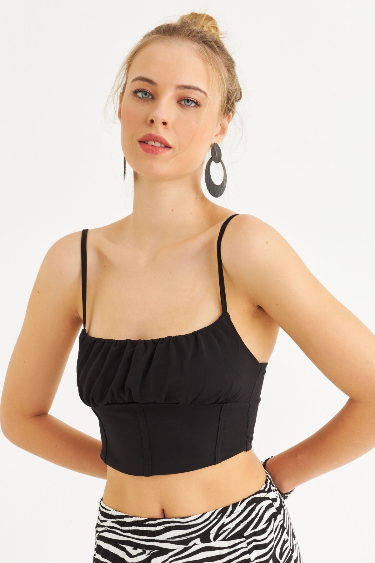 Kadın Siyah Crop Bluz ZH259