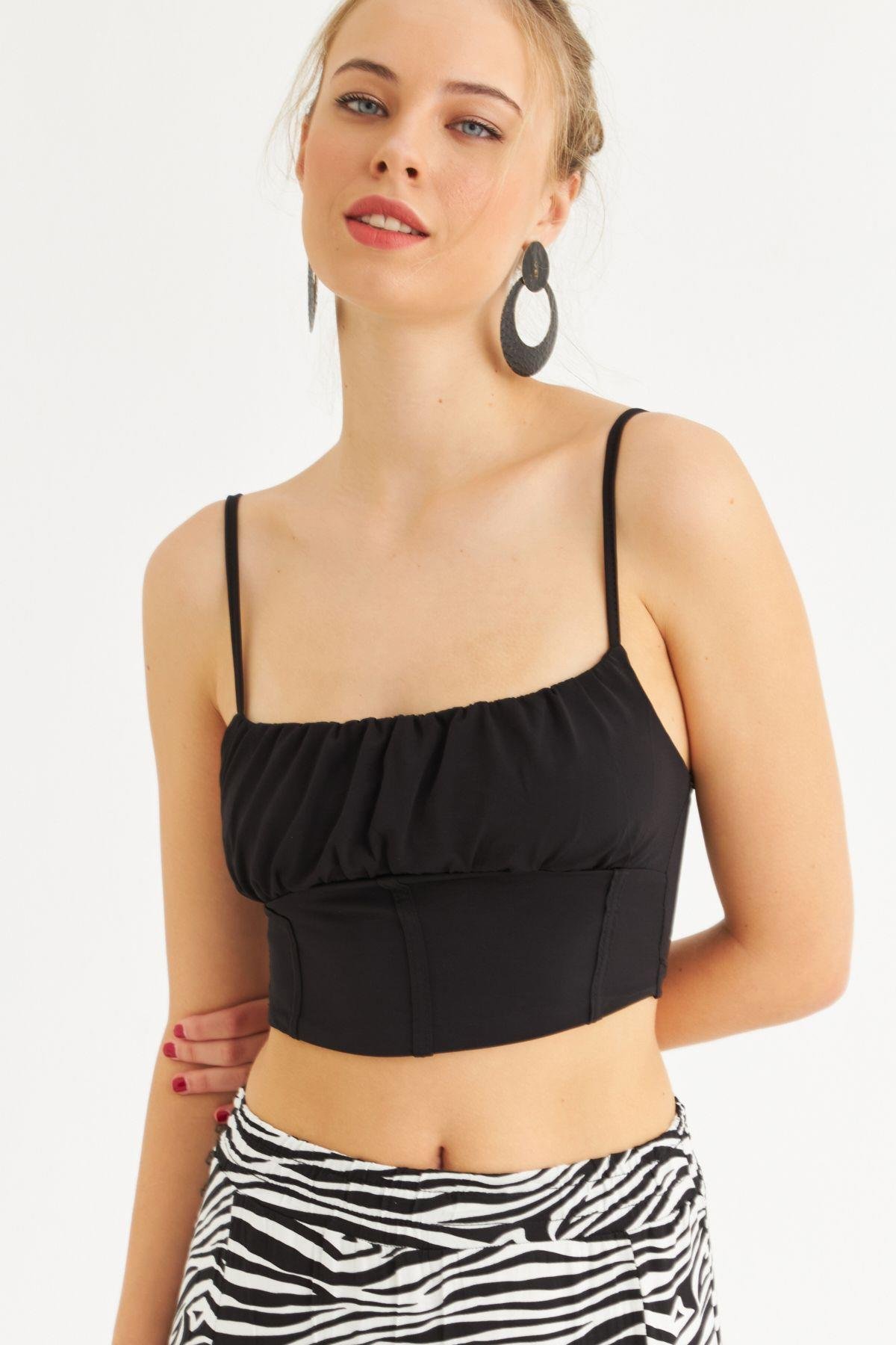 Kadın Siyah Crop Bluz ZH259