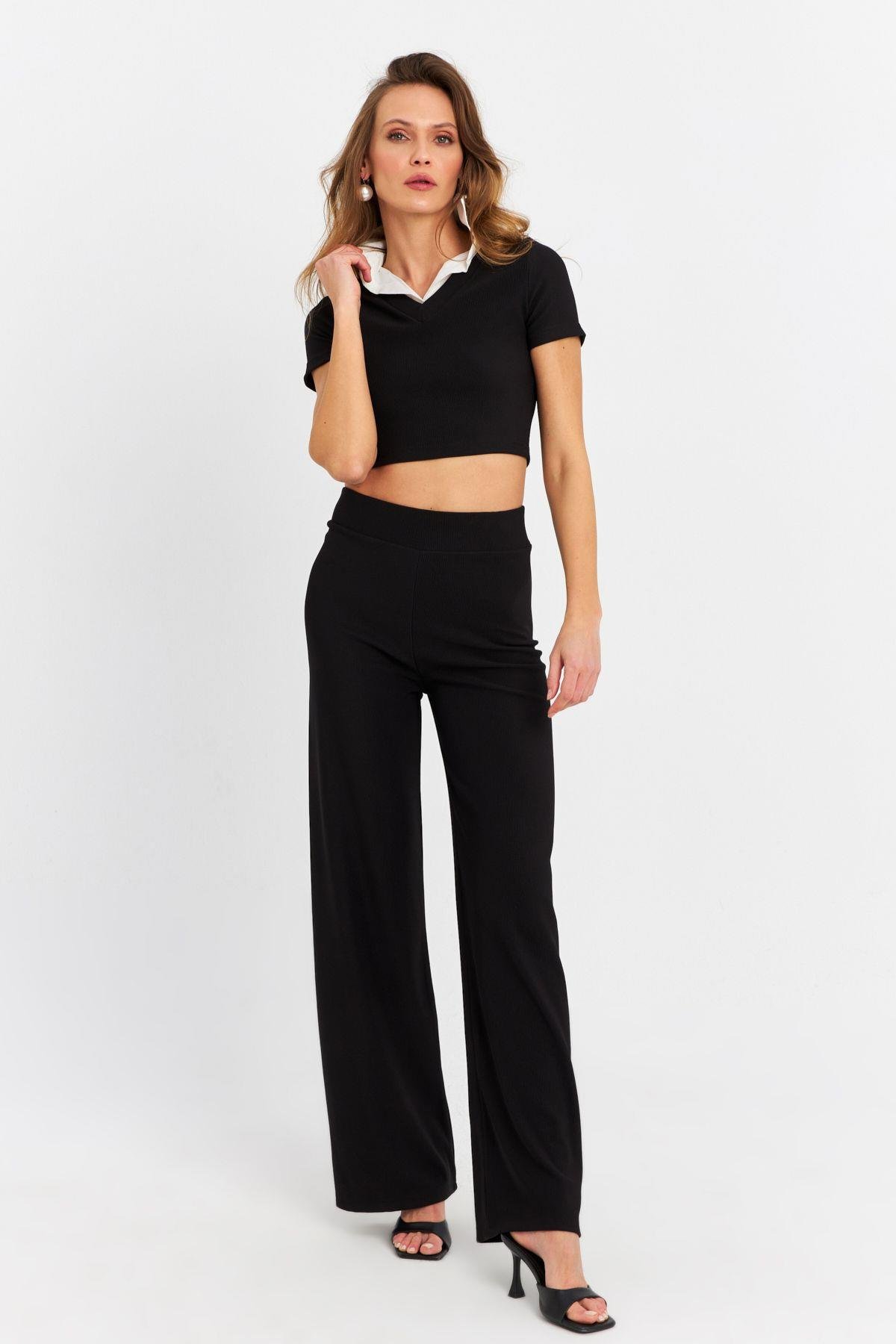 Kadın Siyah Crop Pantolon Takım RU6933