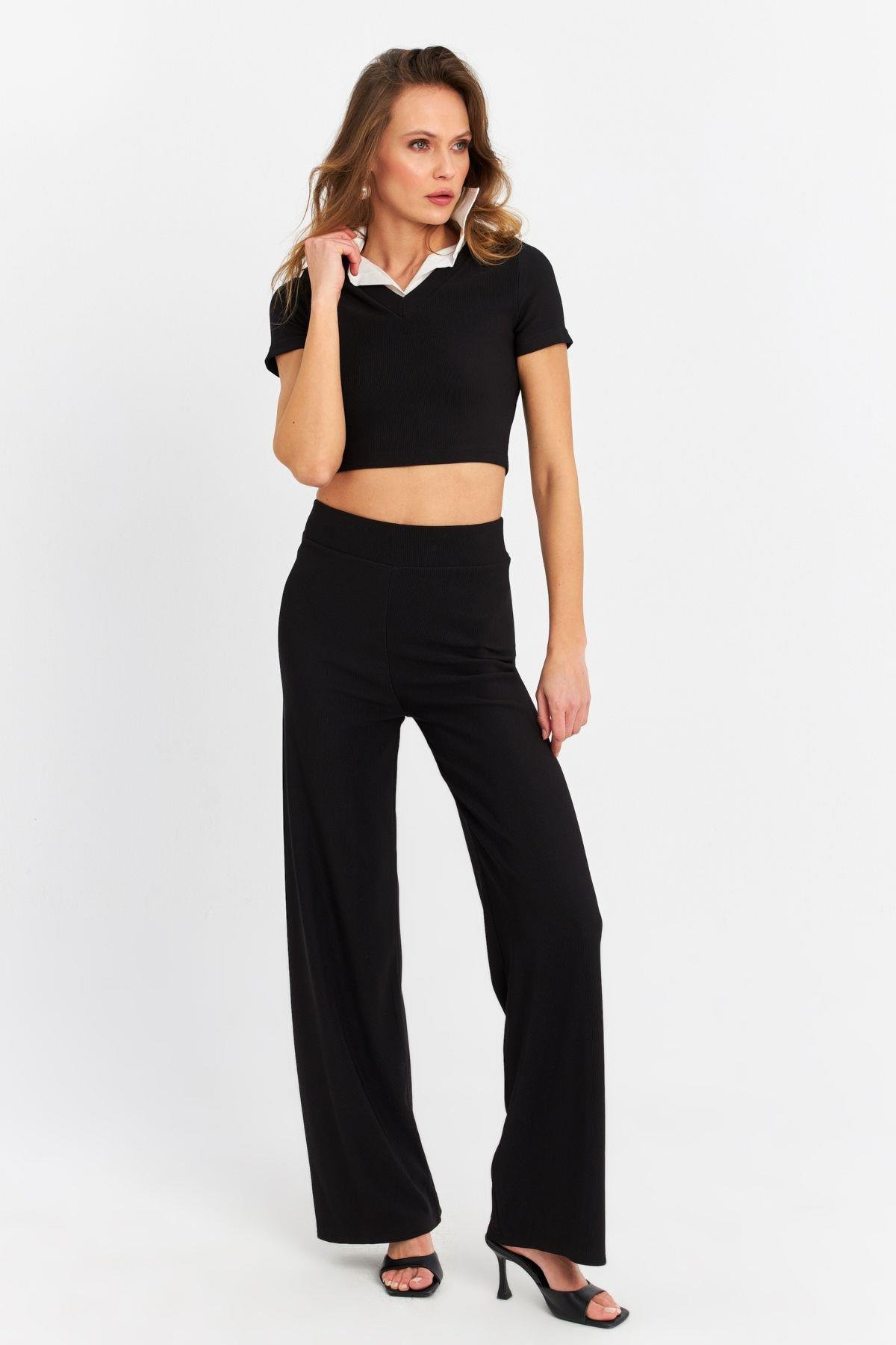 Kadın Siyah Crop Pantolon Takım RU6933