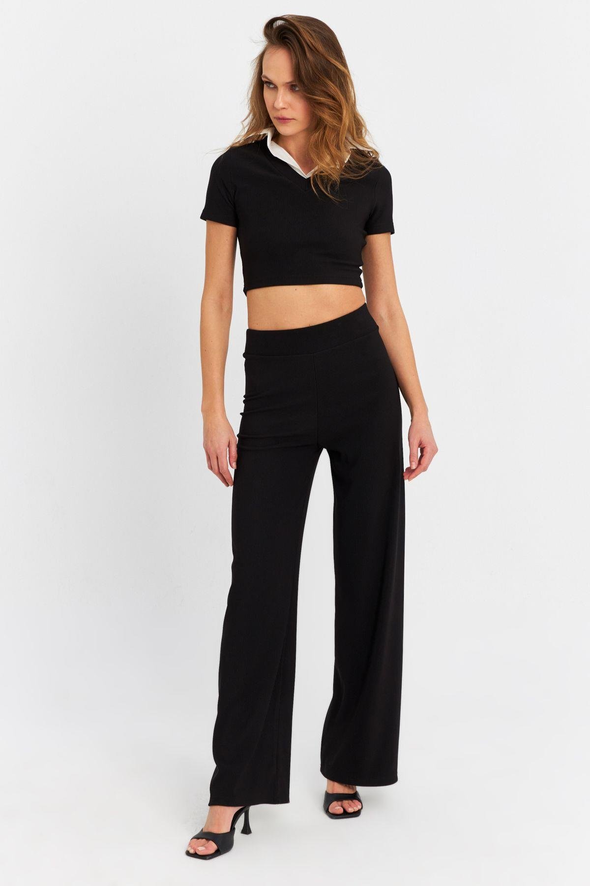 Kadın Siyah Crop Pantolon Takım RU6933