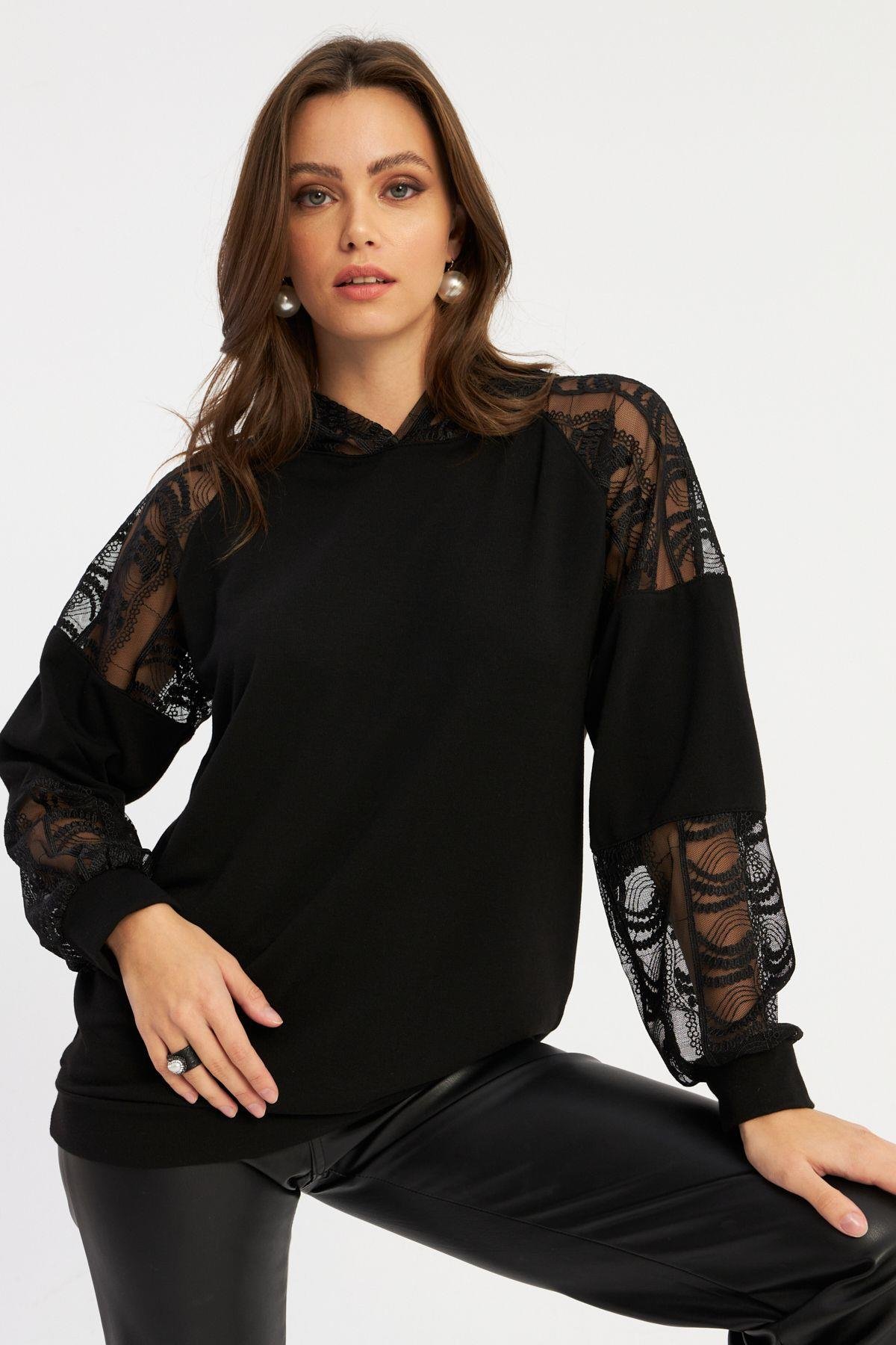 Kadın Siyah Dantel Detaylı Kapüşonlu Sweatshirt MBK58