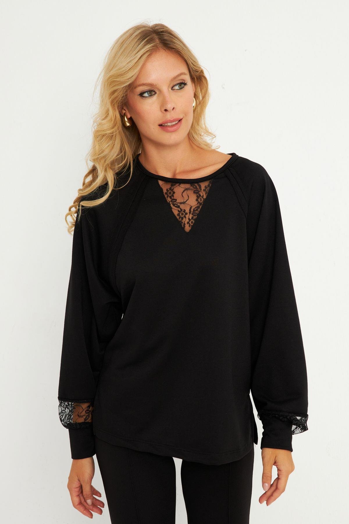 Kadın Siyah Dantel Detaylı Sweatshirt EY2906