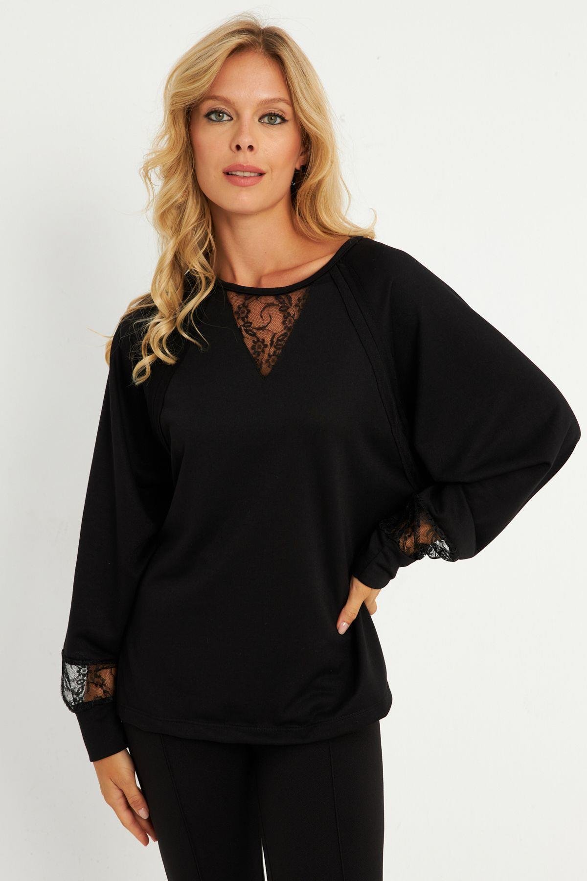 Kadın Siyah Dantel Detaylı Sweatshirt EY2906