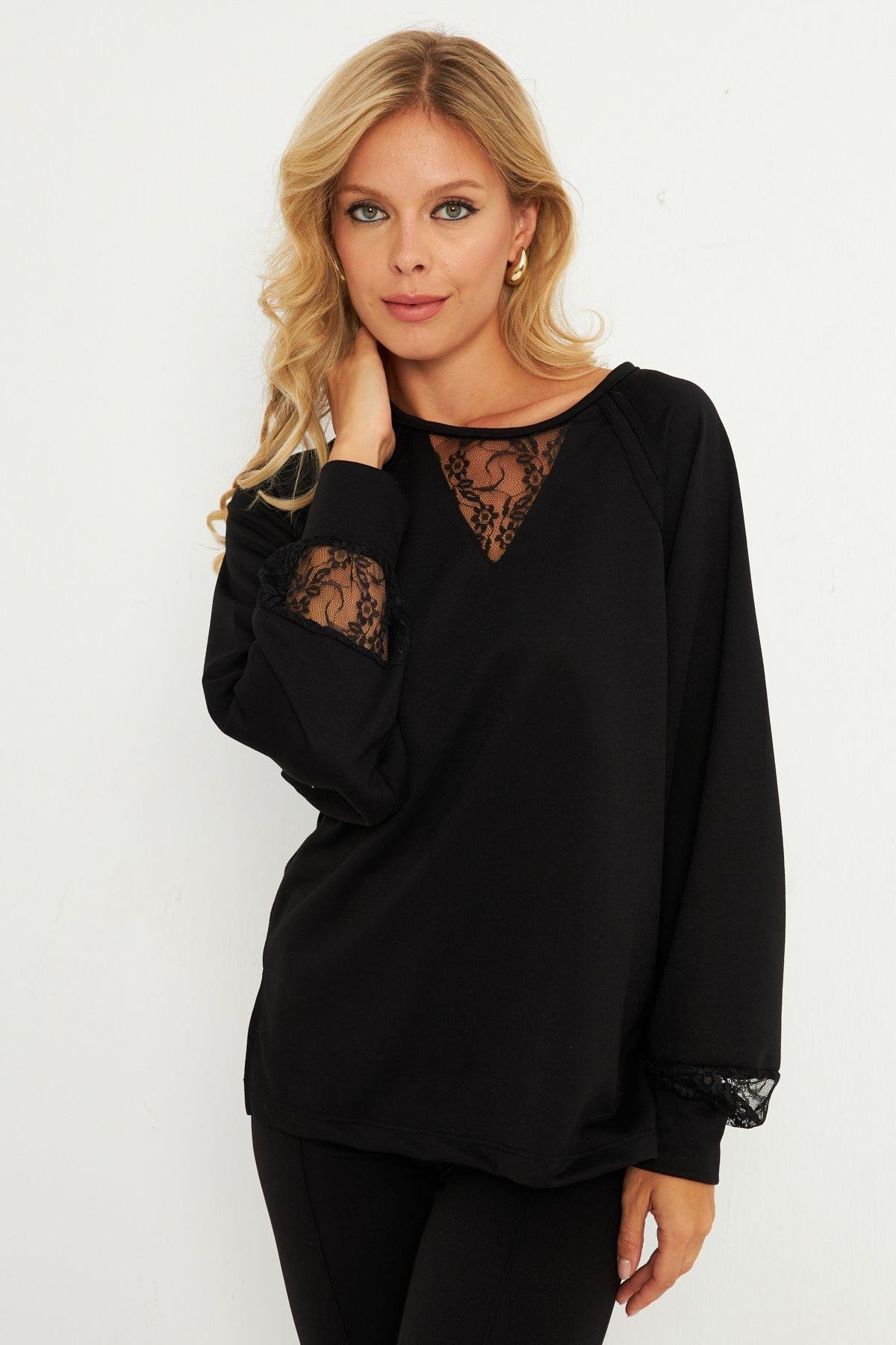 Kadın Siyah Dantel Detaylı Sweatshirt EY2906