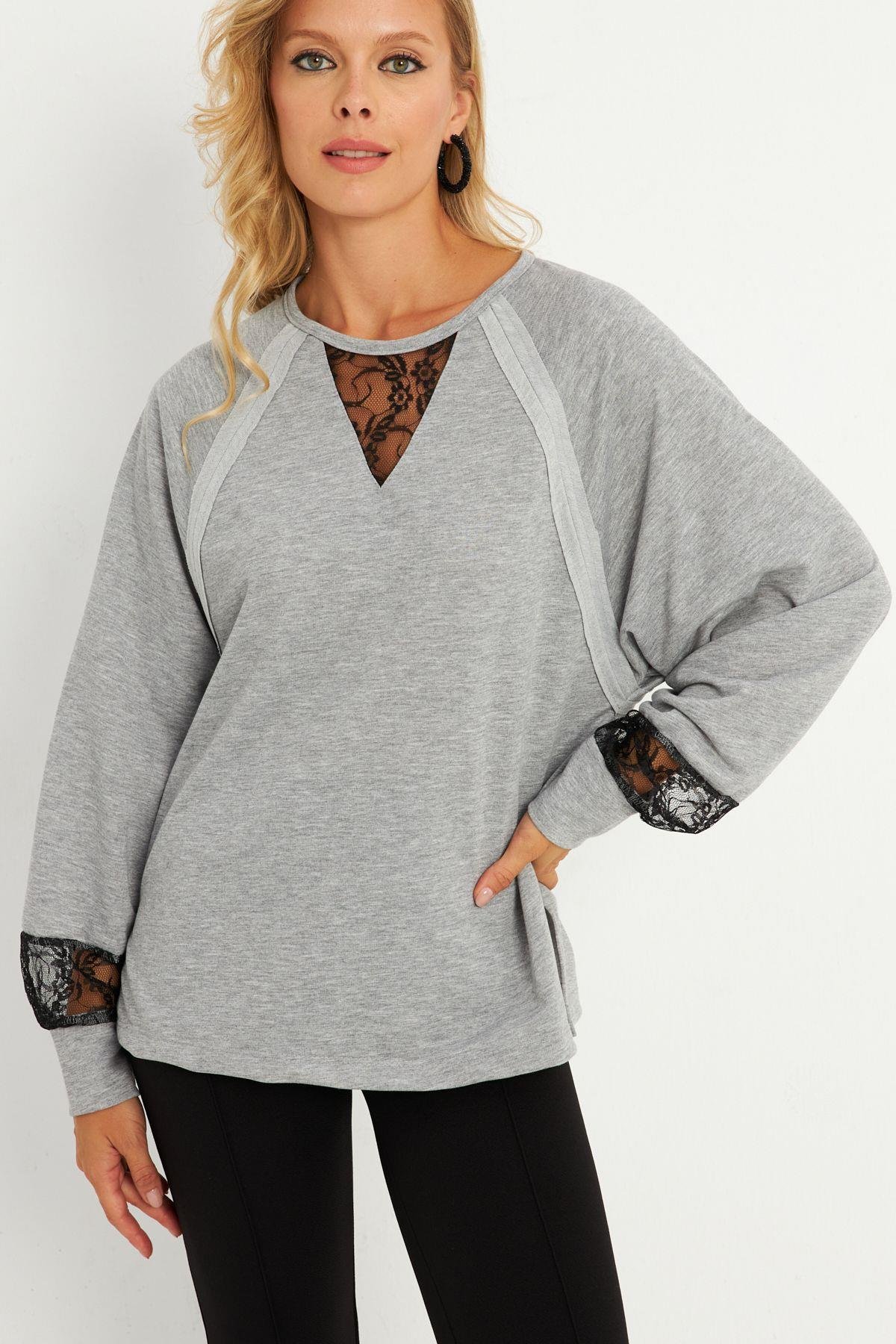 Kadın Siyah Dantel Detaylı Sweatshirt EY2906