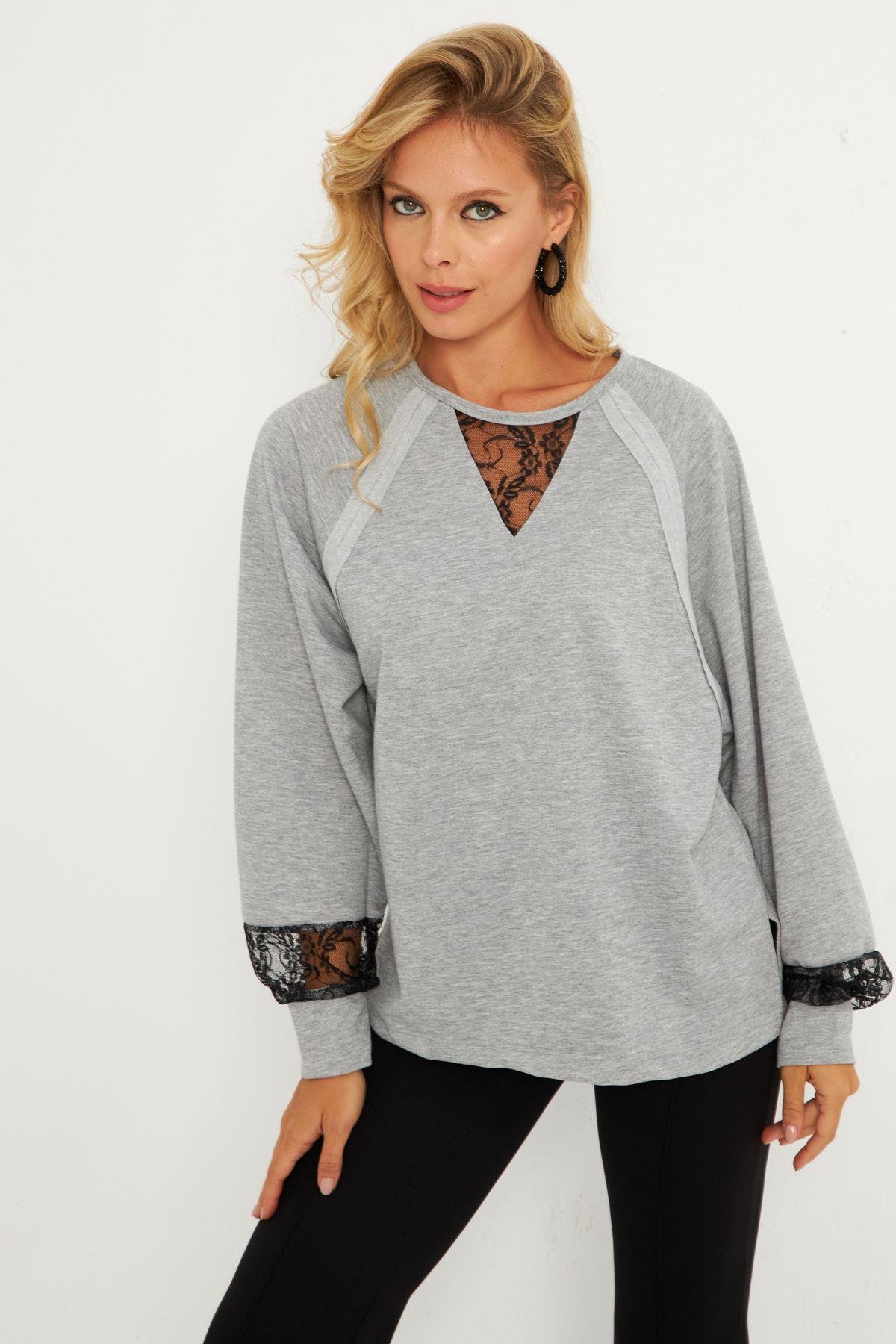 Kadın Siyah Dantel Detaylı Sweatshirt EY2906