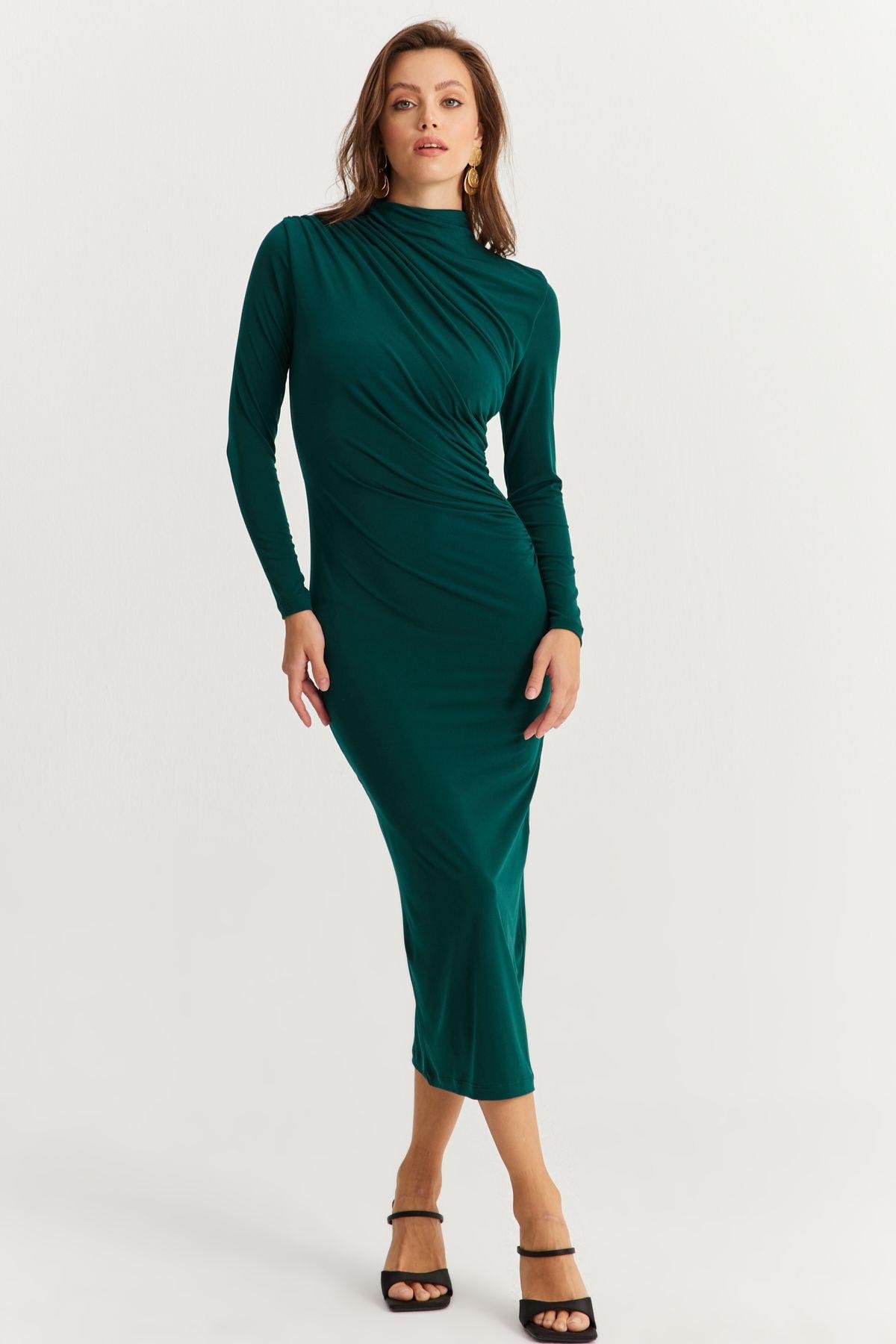 Kadın Siyah Drape Maxi Elbise DMR377