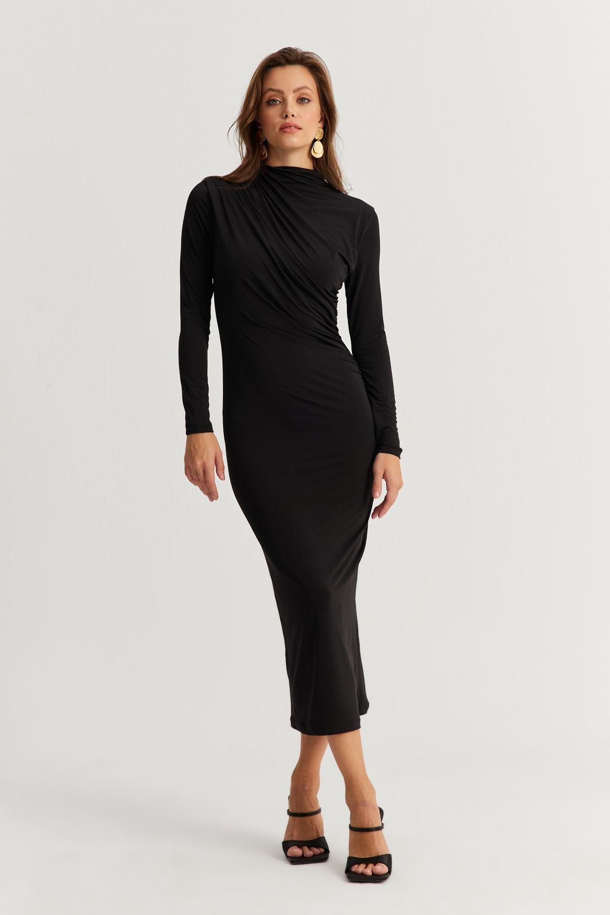 Kadın Siyah Drape Maxi Elbise DMR377