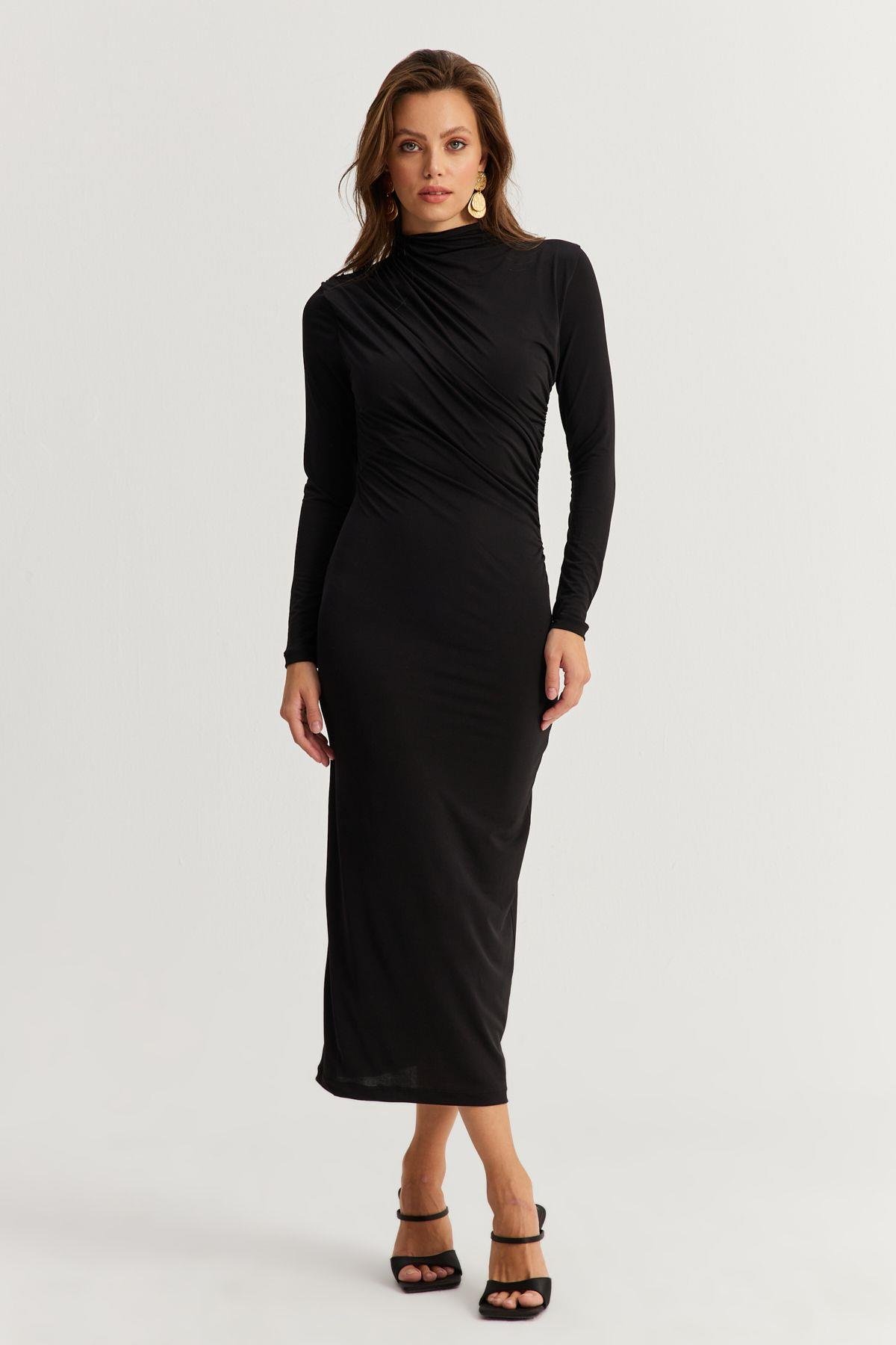 Kadın Siyah Drape Maxi Elbise DMR377