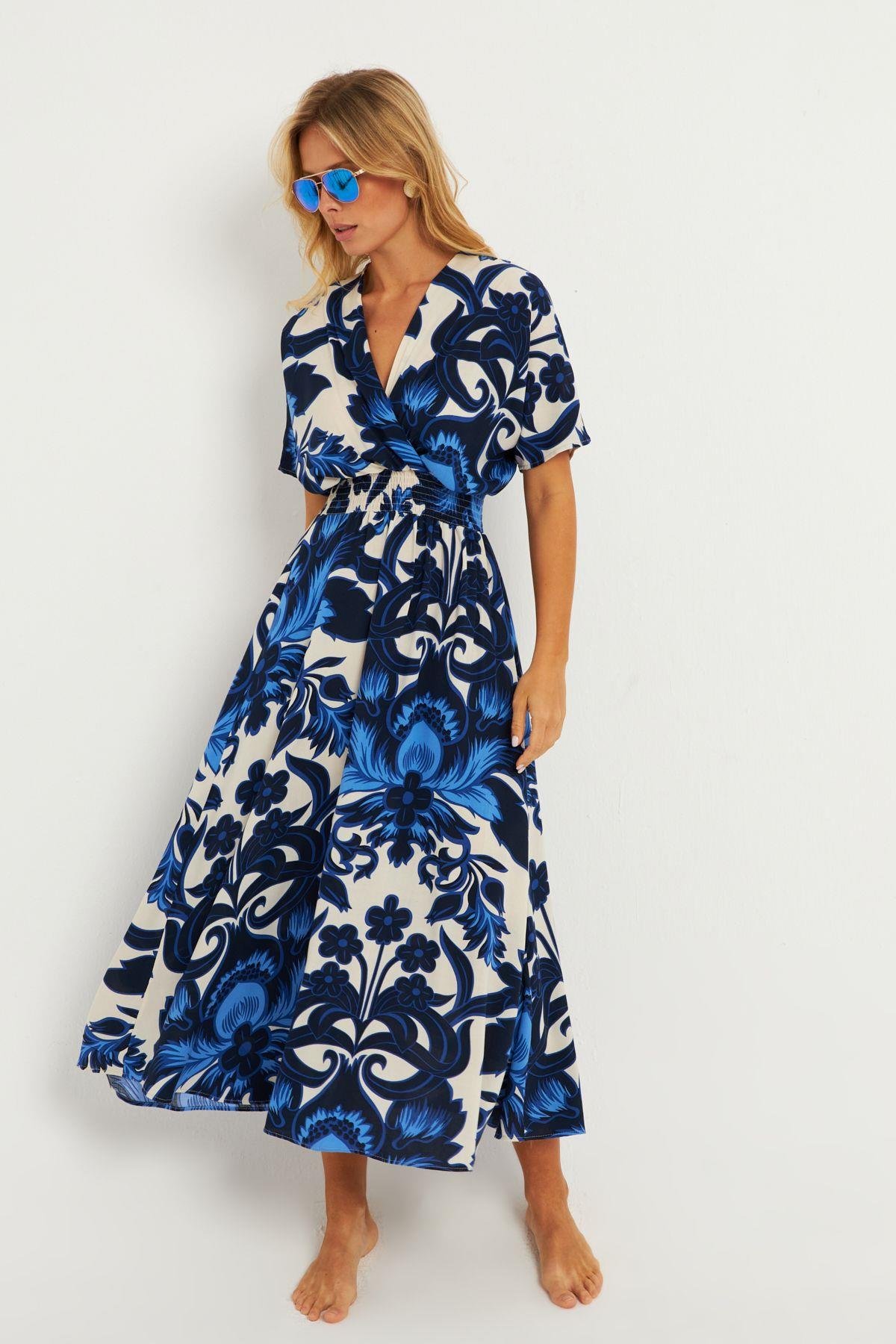 Kadın Siyah-Ekru Desenli Gipeli Midi Elbise YZ1055