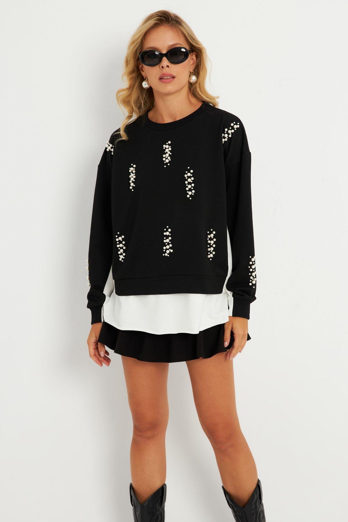 Kadın Siyah-Ekru İncili Sweatshirt MRLO01
