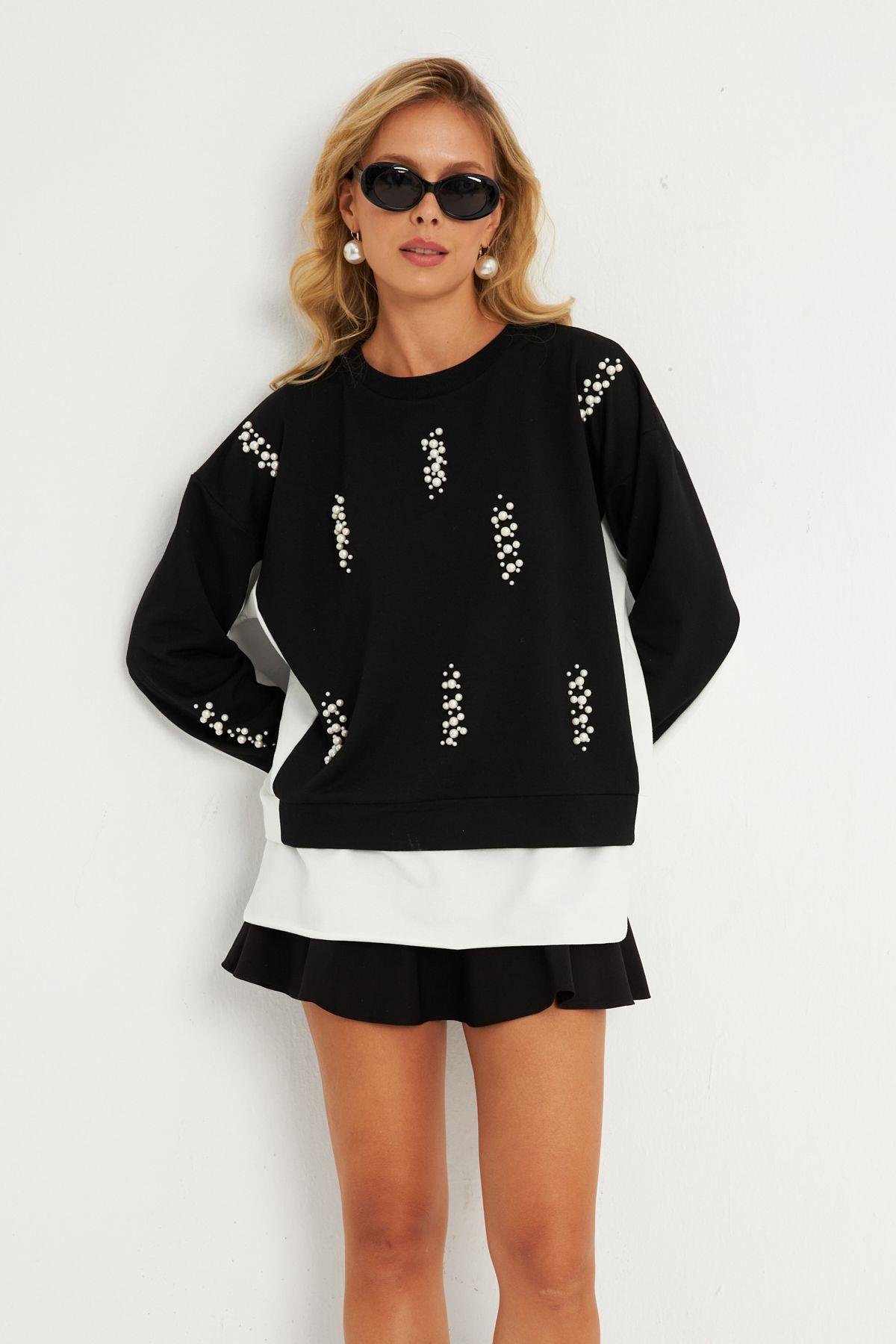 Kadın Siyah-Ekru İncili Sweatshirt MRLO01