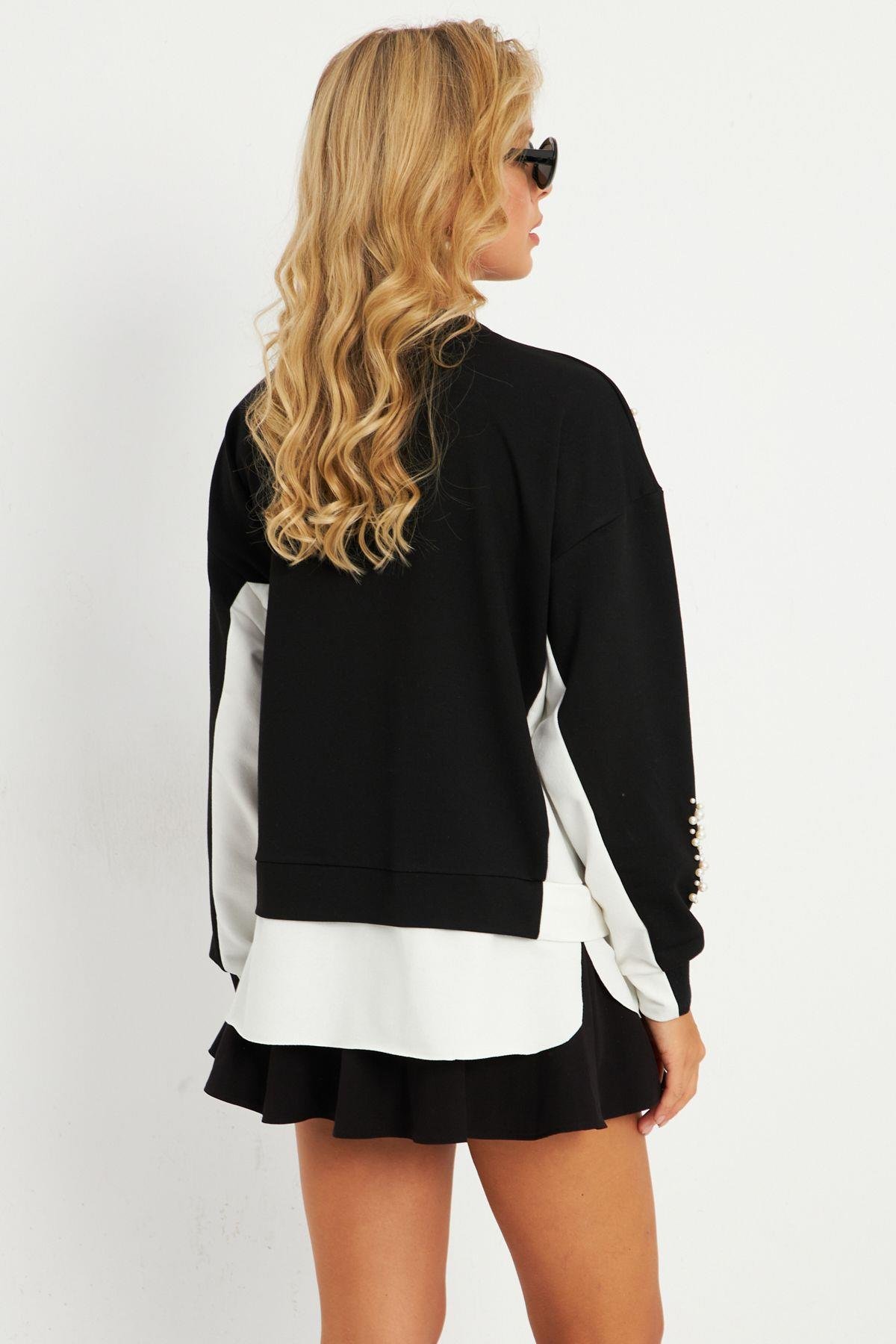 Kadın Siyah-Ekru İncili Sweatshirt RLO01
