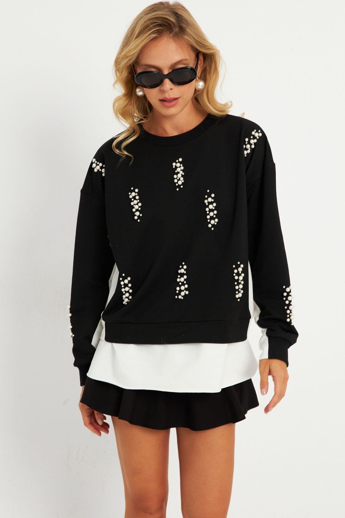 Kadın Siyah-Ekru İncili Sweatshirt RLO01