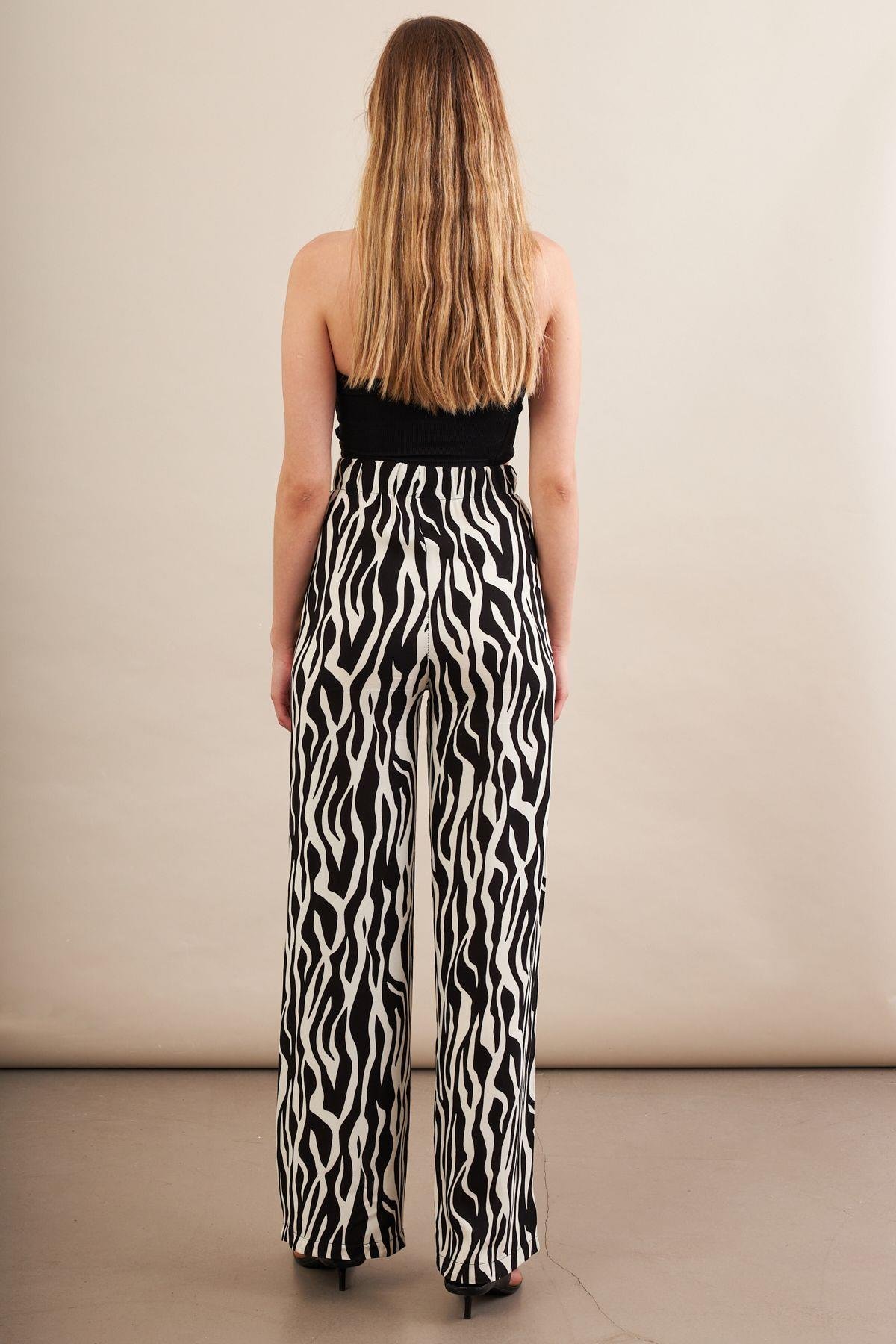 Kadın Siyah-Ekru Zebra Desenli Yüksel Bel Pantolon PİK50