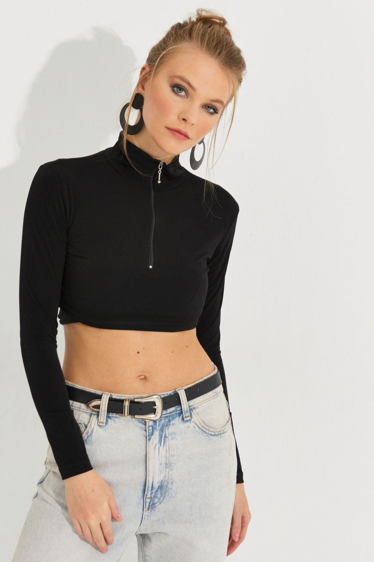 Kadın Siyah Fermuarlı Crop Bluz MEN2020