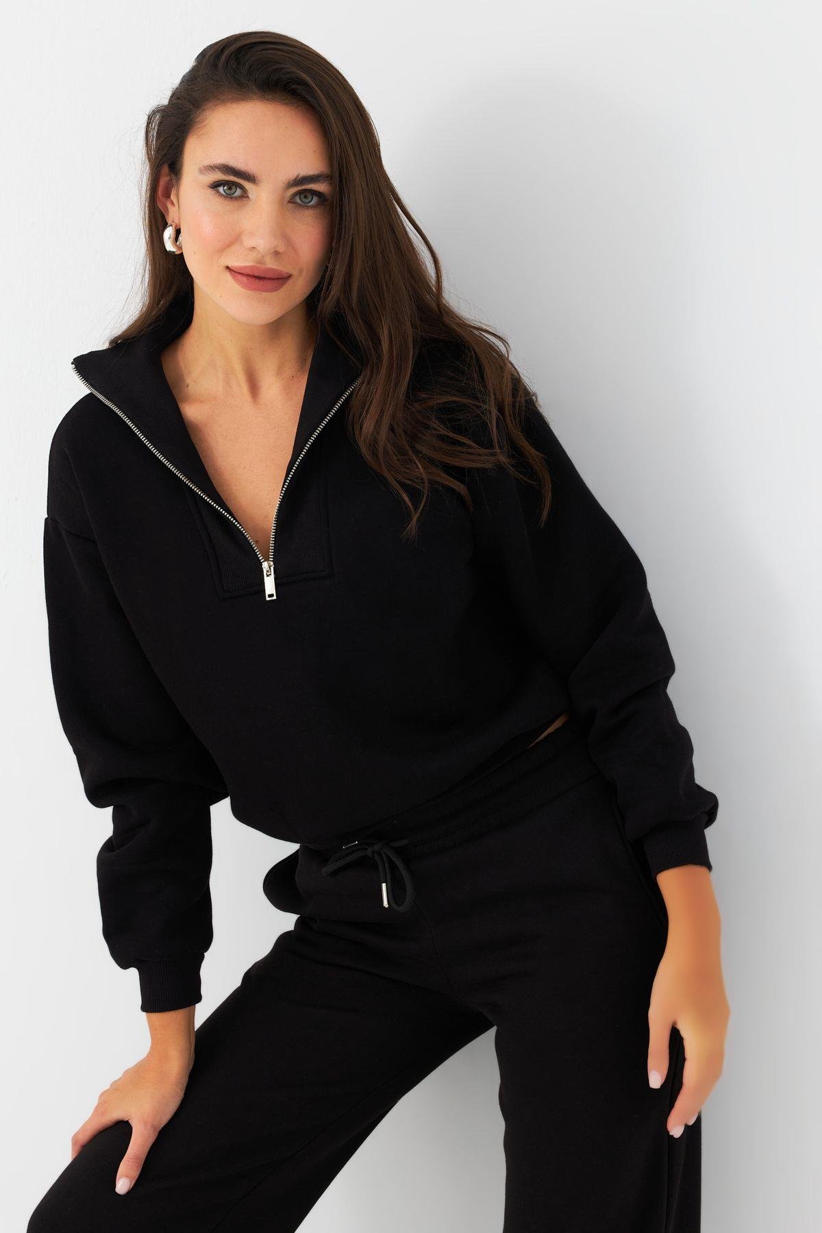 Kadın Siyah Fermuarlı Sweatshirt DY1463