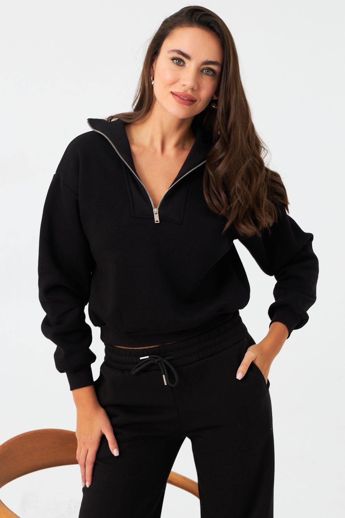 Kadın Siyah Fermuarlı Sweatshirt DY1463