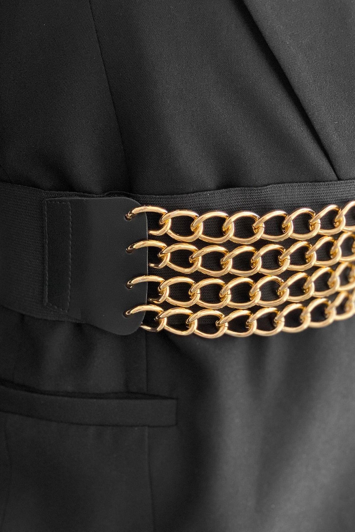 Kadın Siyah-Gold Dört Zincirli Lastikli Kemer BE648