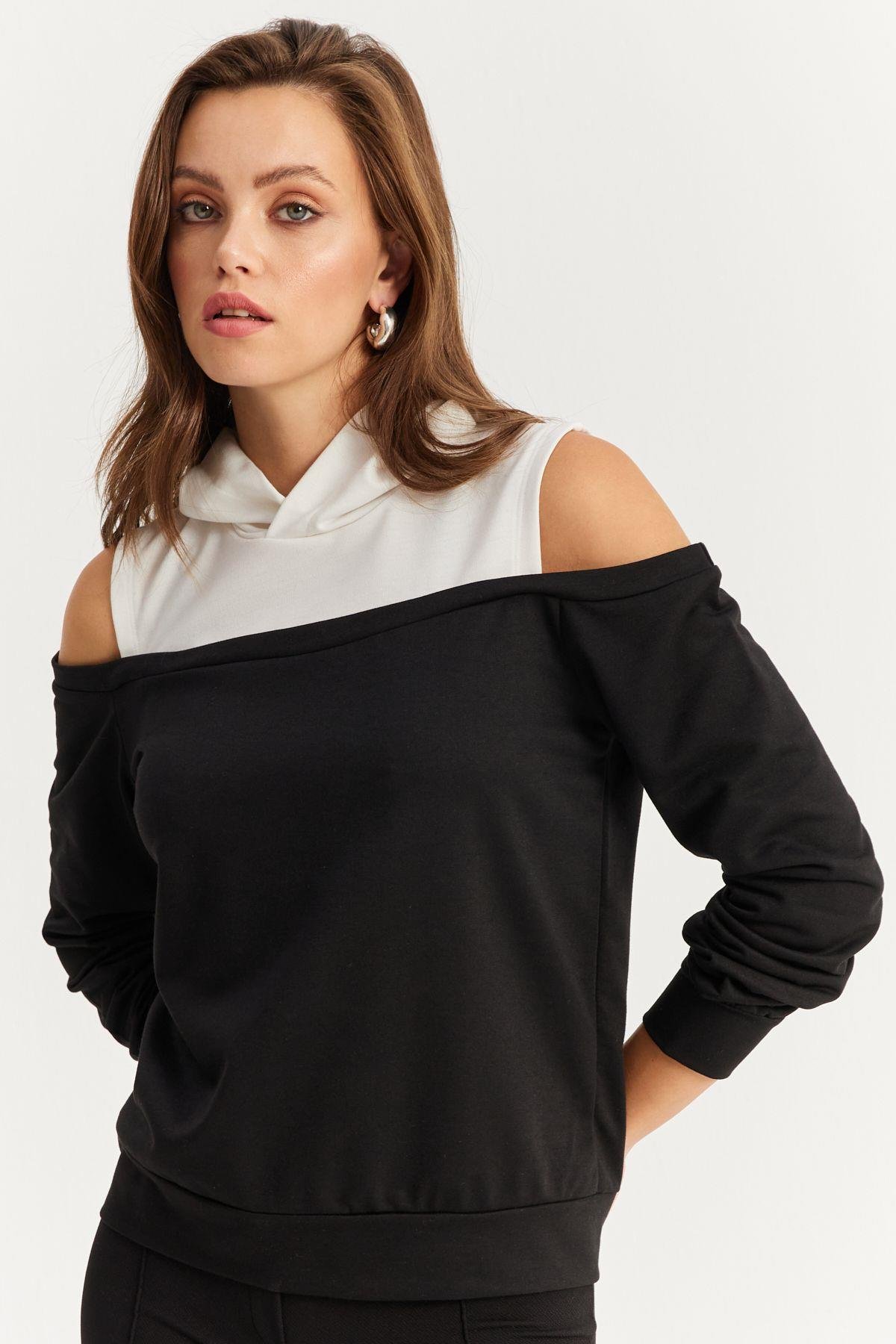 Kadın Siyah-Gri Omuzları Açık Sweatshirt TF15