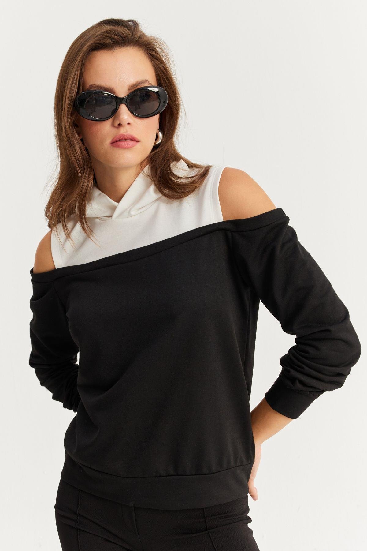 Kadın Siyah-Gri Omuzları Açık Sweatshirt TF15