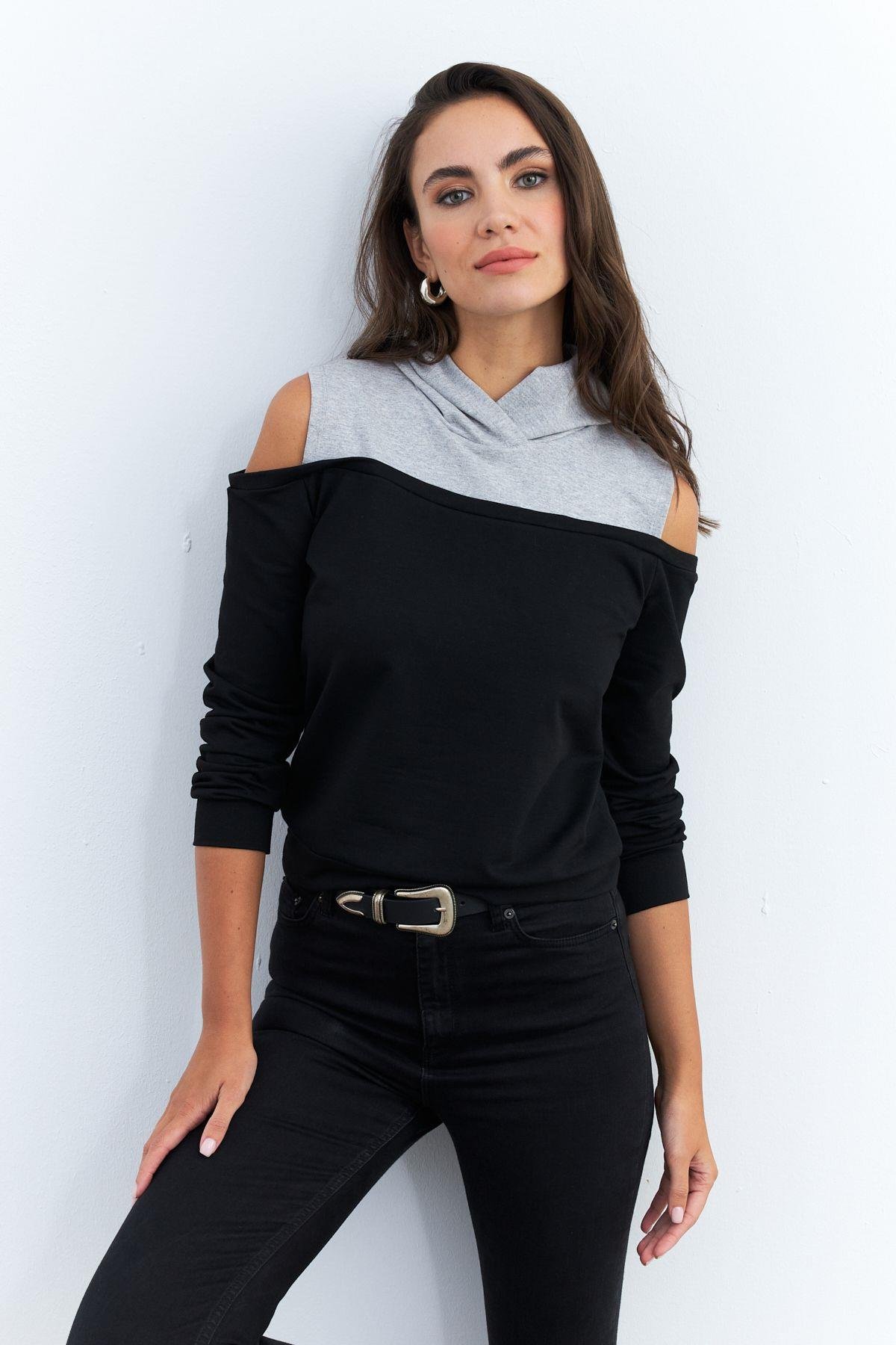 Kadın Siyah-Gri Omuzları Açık Sweatshirt TF15