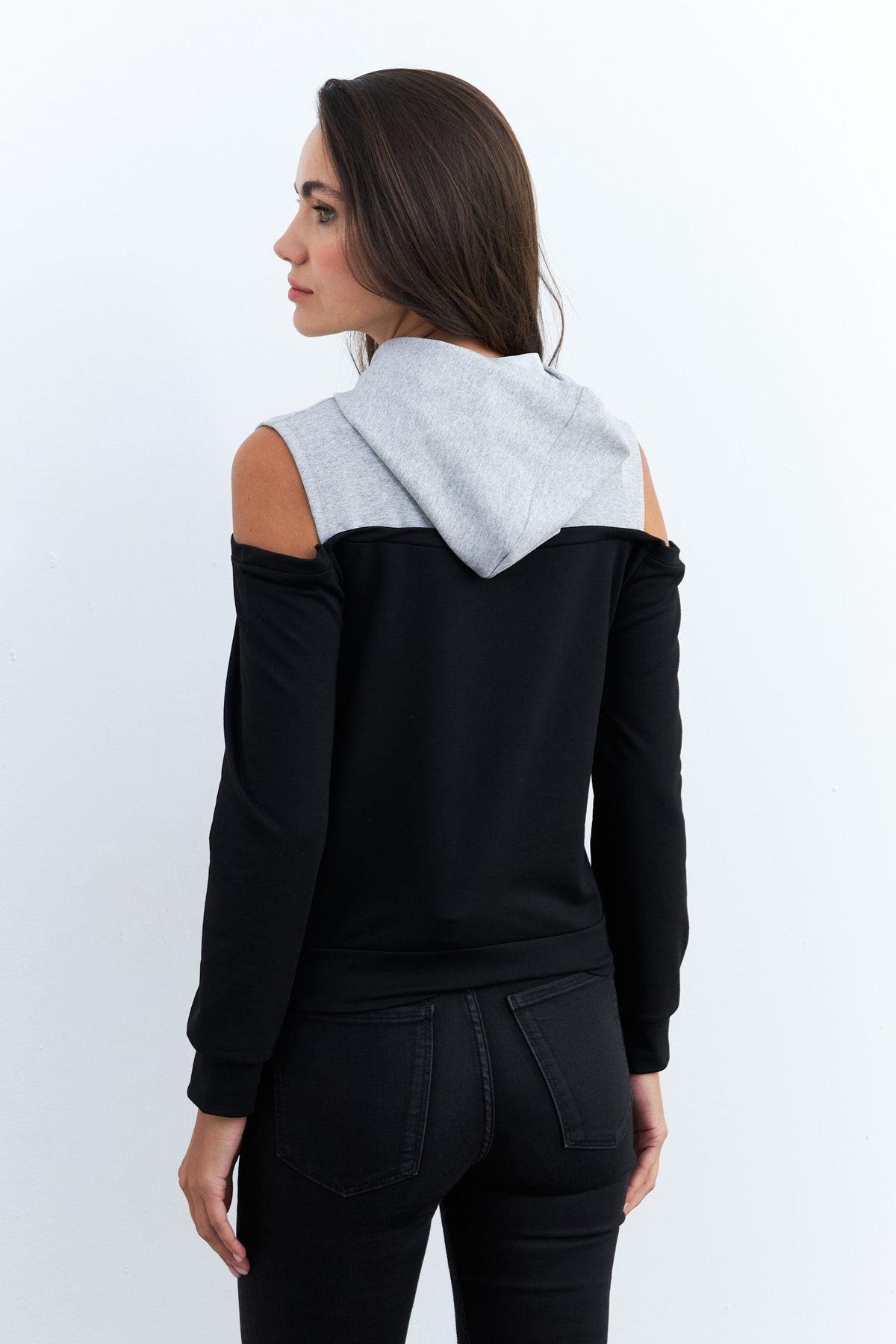 Kadın Siyah-Gri Omuzları Açık Sweatshirt TF15