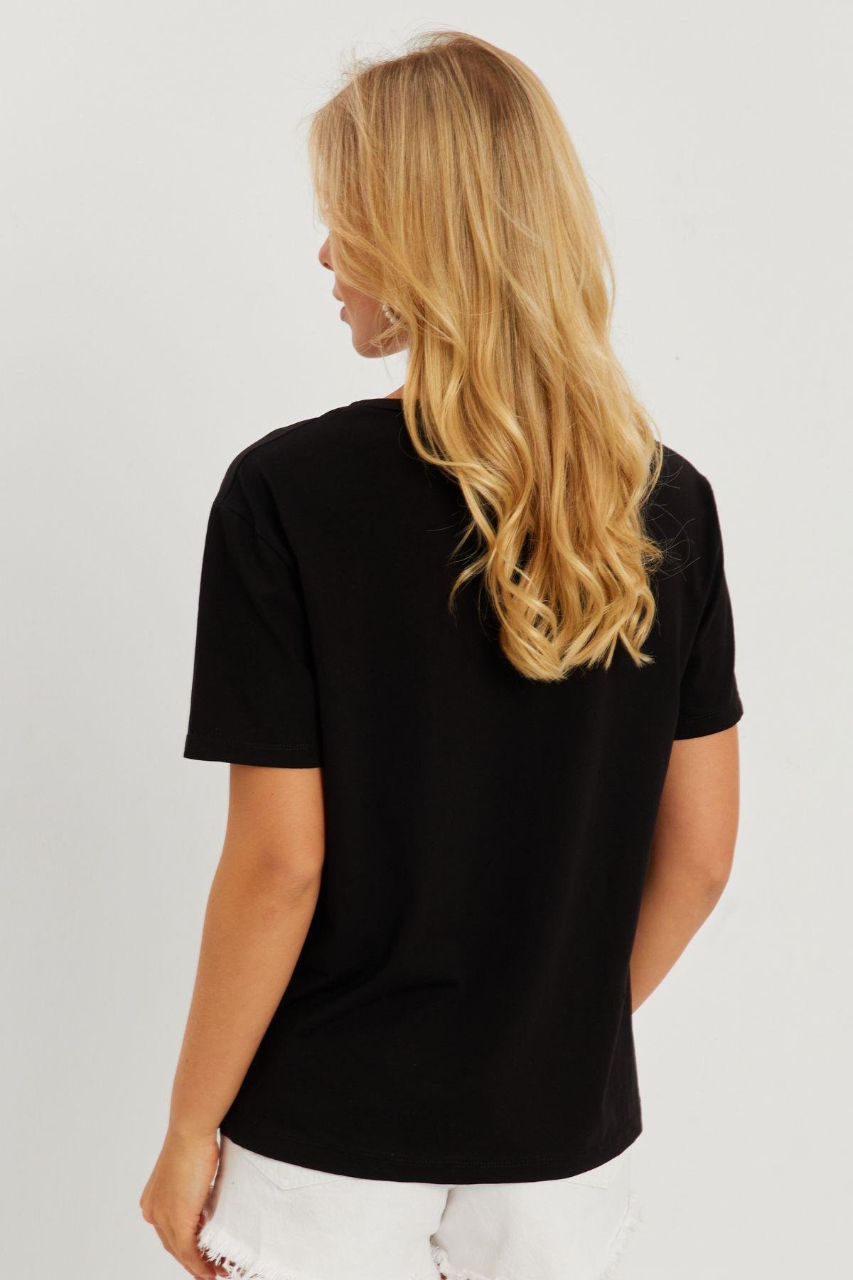 Kadın Siyah Gül Aksesuarlı T-Shirt SF12721