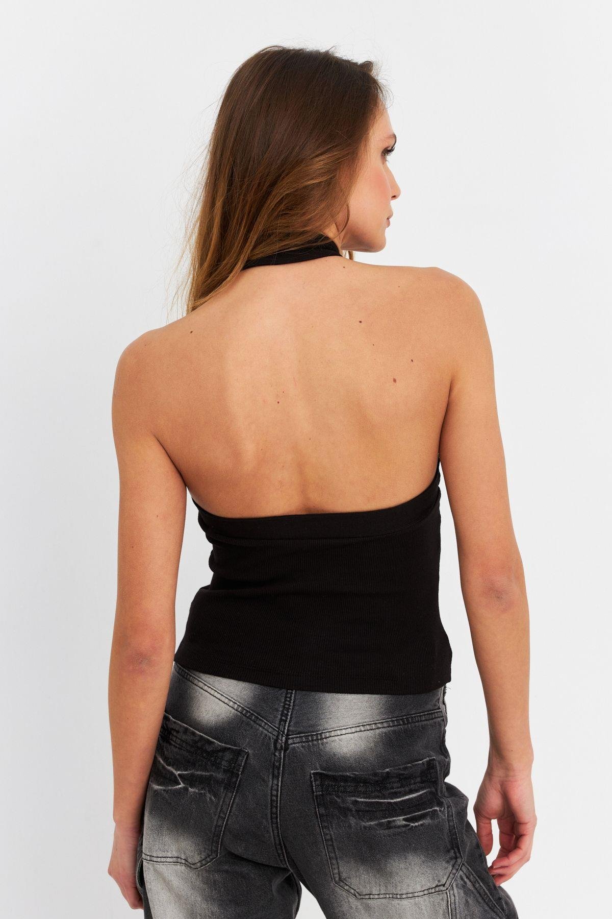 Kadın Siyah Halkalı Crop Bluz B2634-90