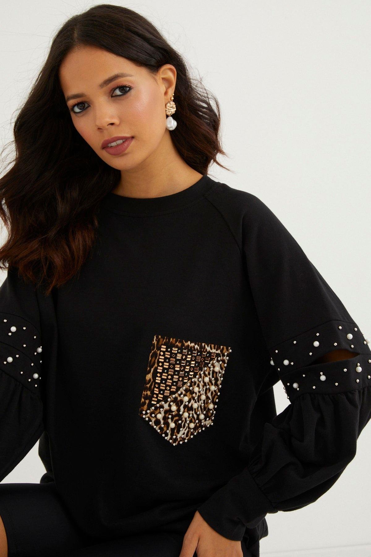 Kadın Siyah İncili Kol Detaylı Sweatshirt PKA400