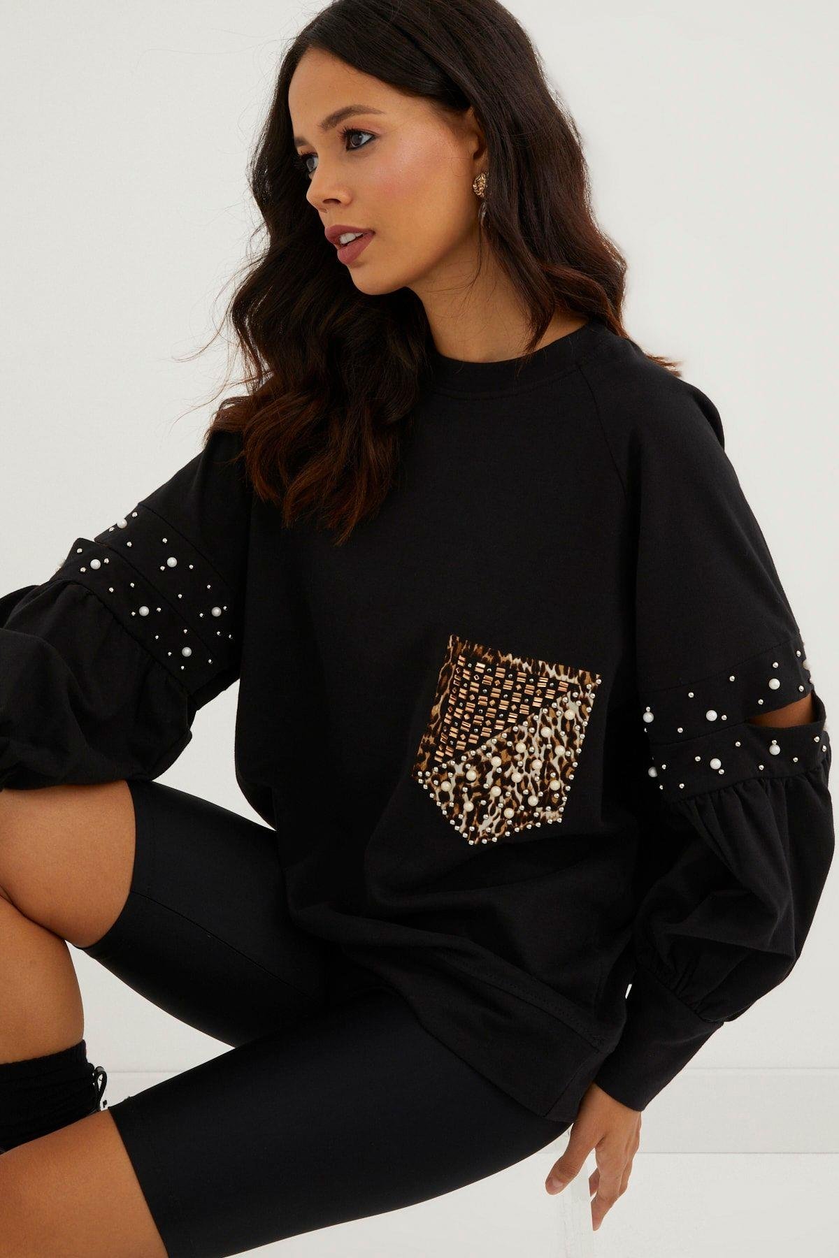 Kadın Siyah İncili Kol Detaylı Sweatshirt PKA400