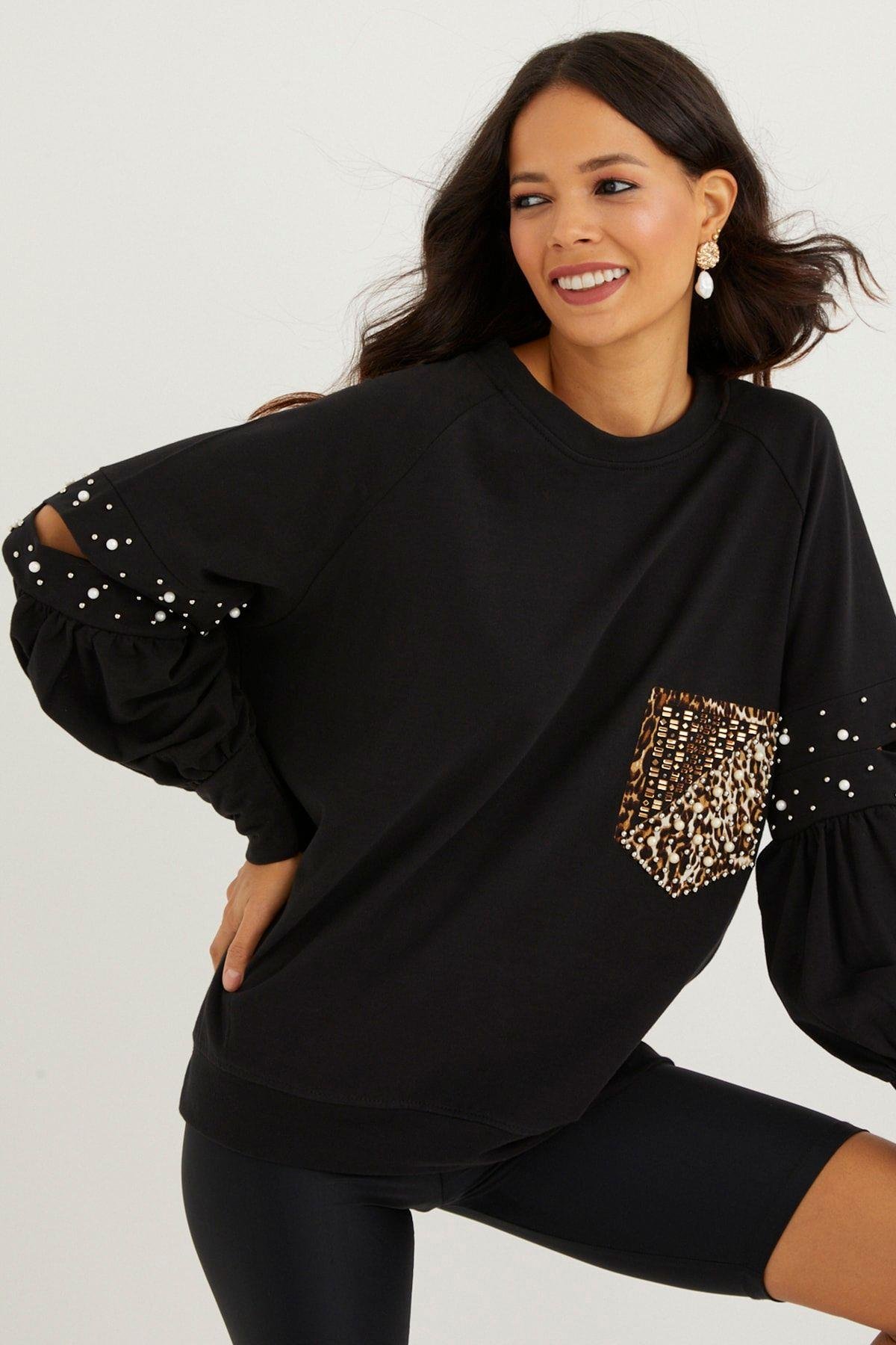 Kadın Siyah İncili Kol Detaylı Sweatshirt PKA400