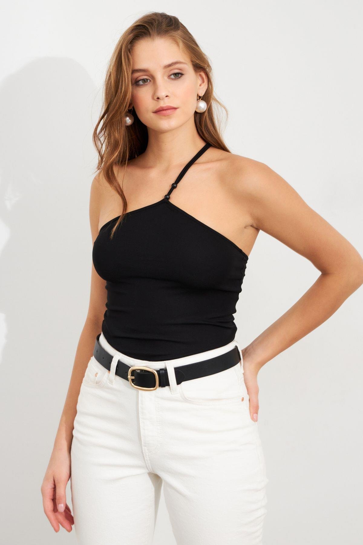 Kadın Siyah İp Askılı Çıtçıtlı Body ZH014