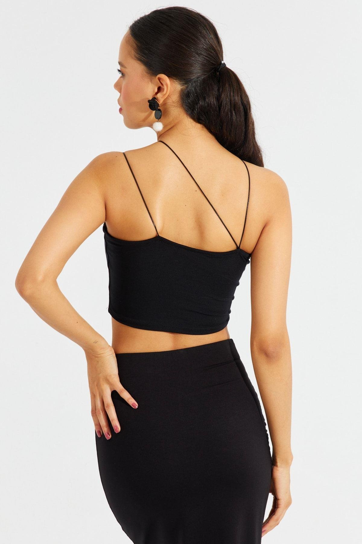 Kadın Siyah İp Askılı Crop Bluz B2594
