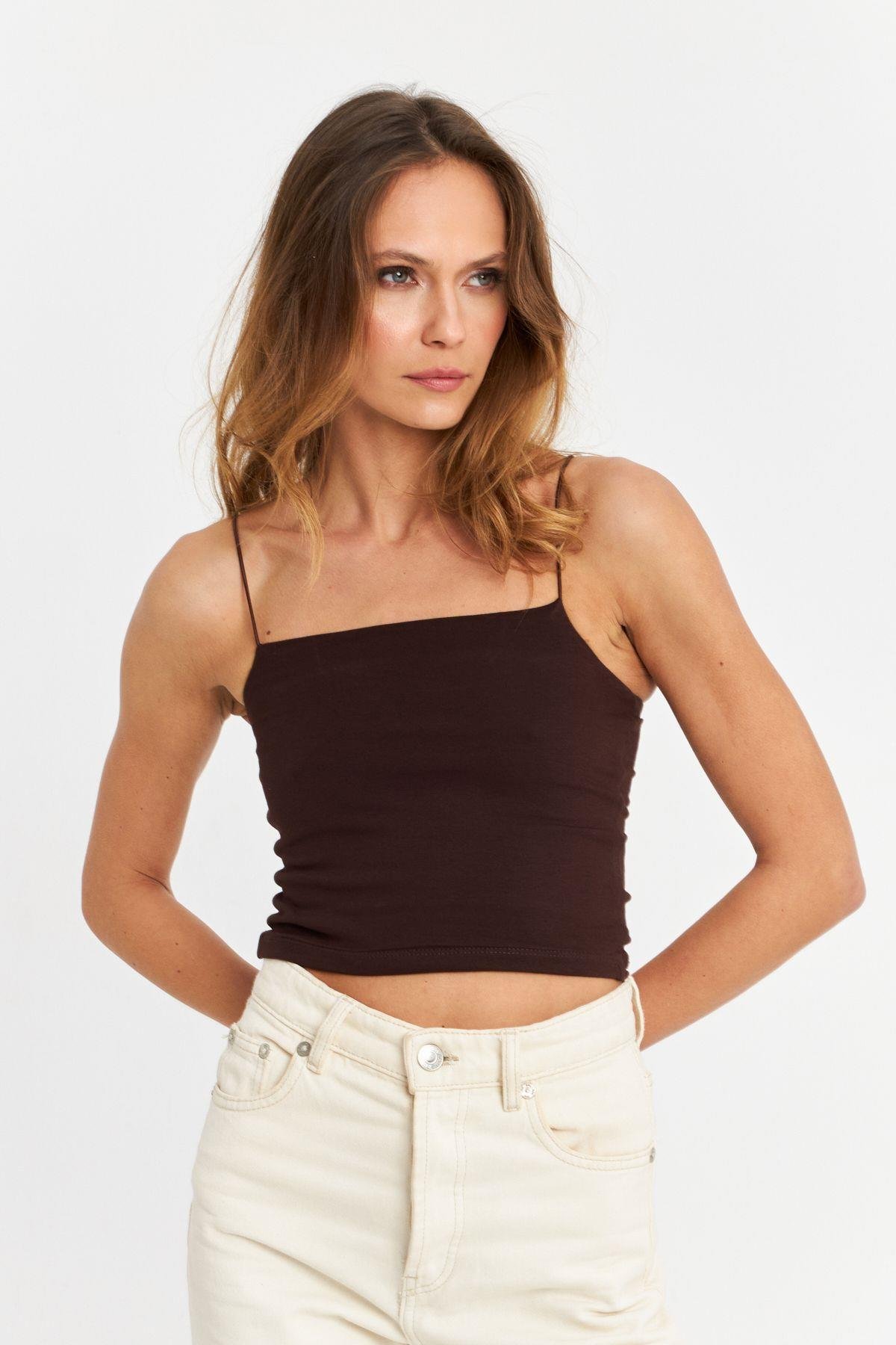 Kadın Siyah İp Askılı Crop Bluz EV63