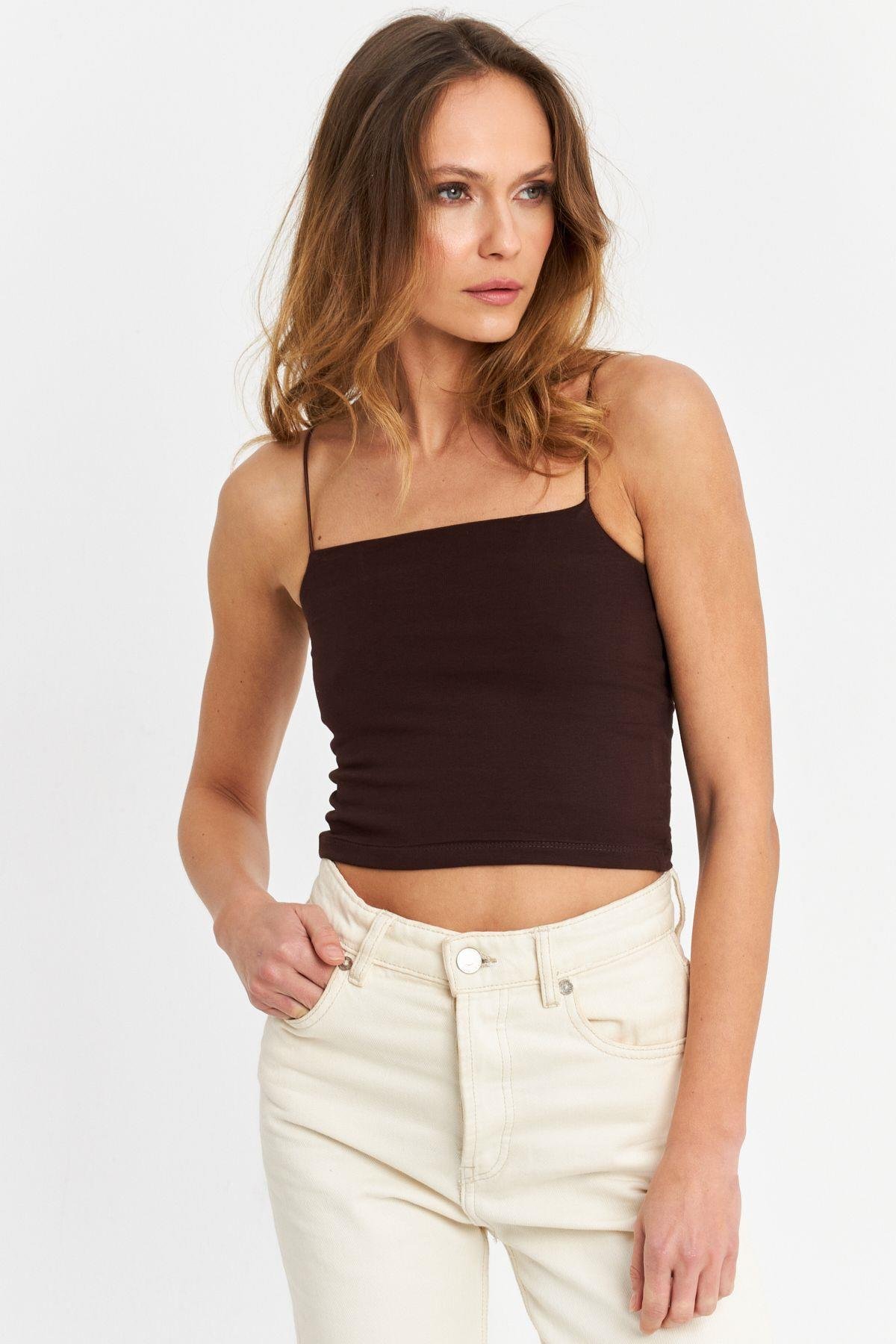 Kadın Siyah İp Askılı Crop Bluz EV63