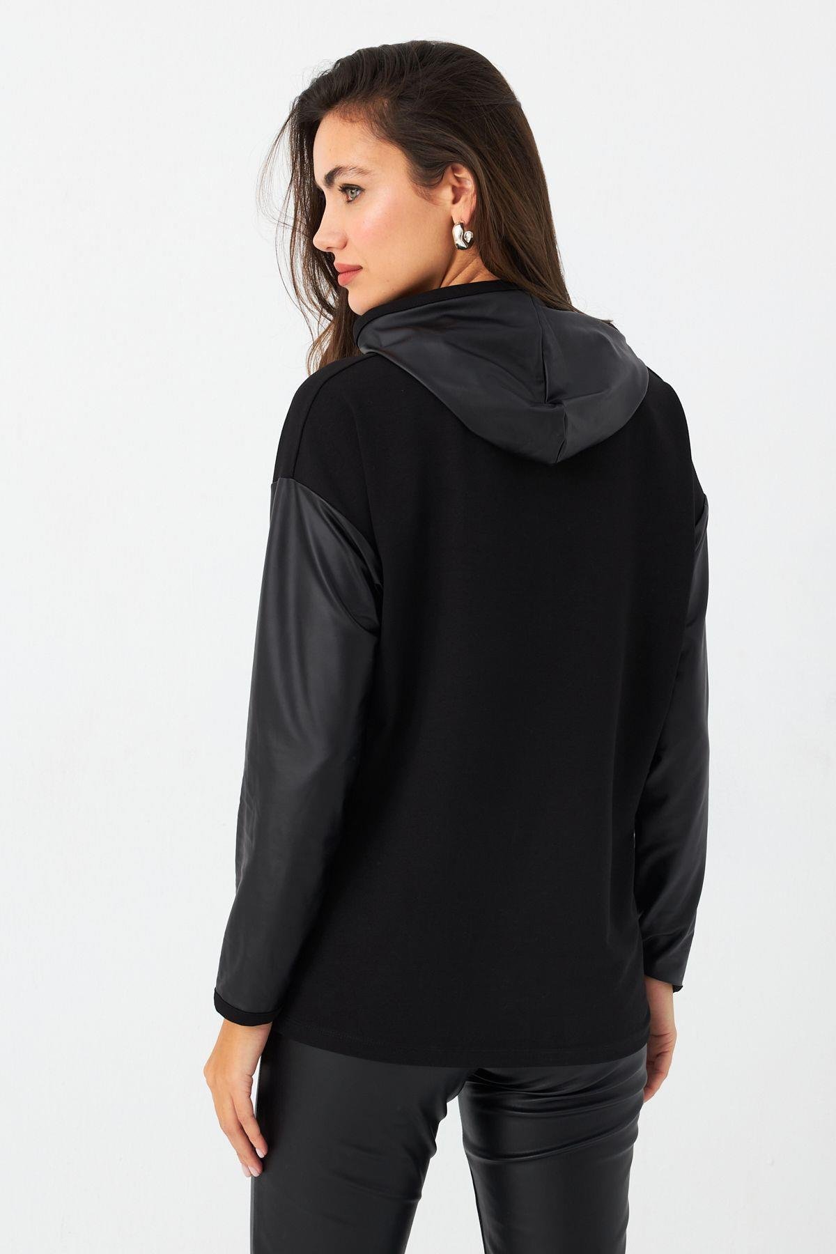 Kadın Siyah Kapüşonlu Sıvama Detaylı Sweatshirt MTF37