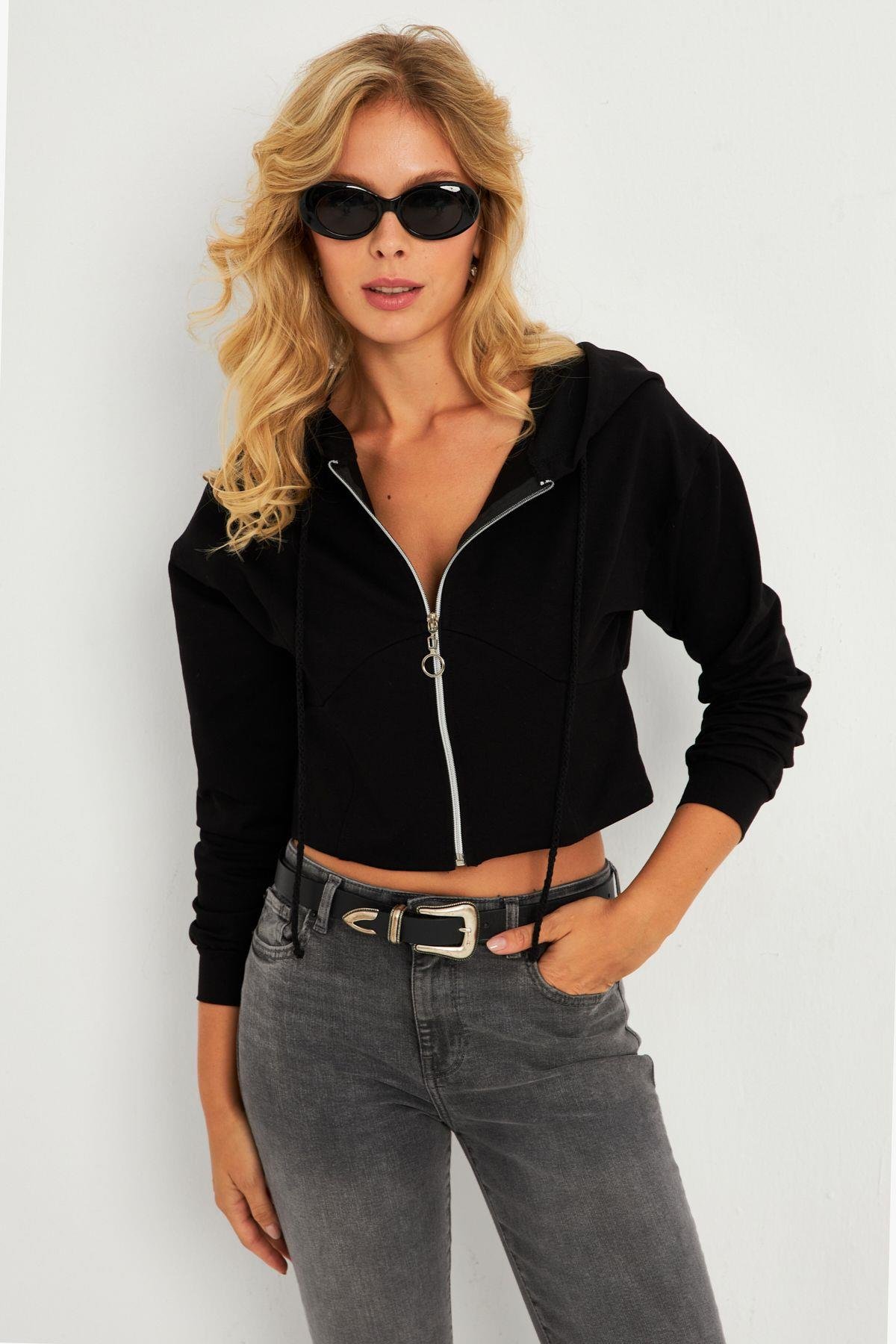 Kadın Siyah Kapüşonlu Sweatshirt TF07