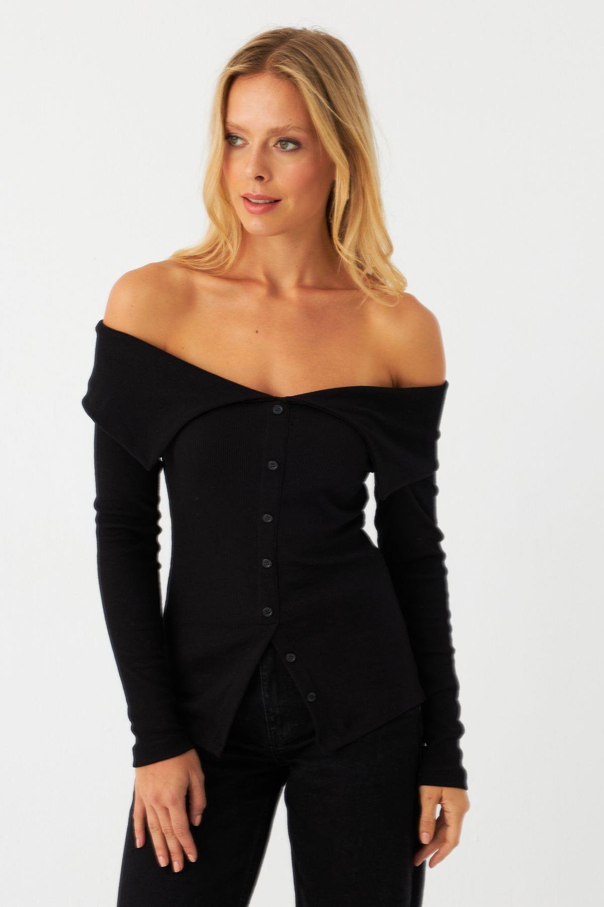 Kadın Siyah Kaşkorse Bluz RLO3032-9