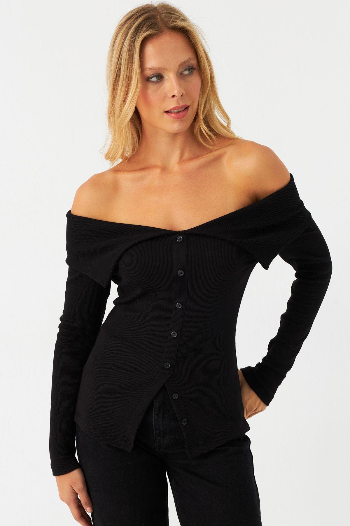 Kadın Siyah Kaşkorse Bluz RLO3032-9