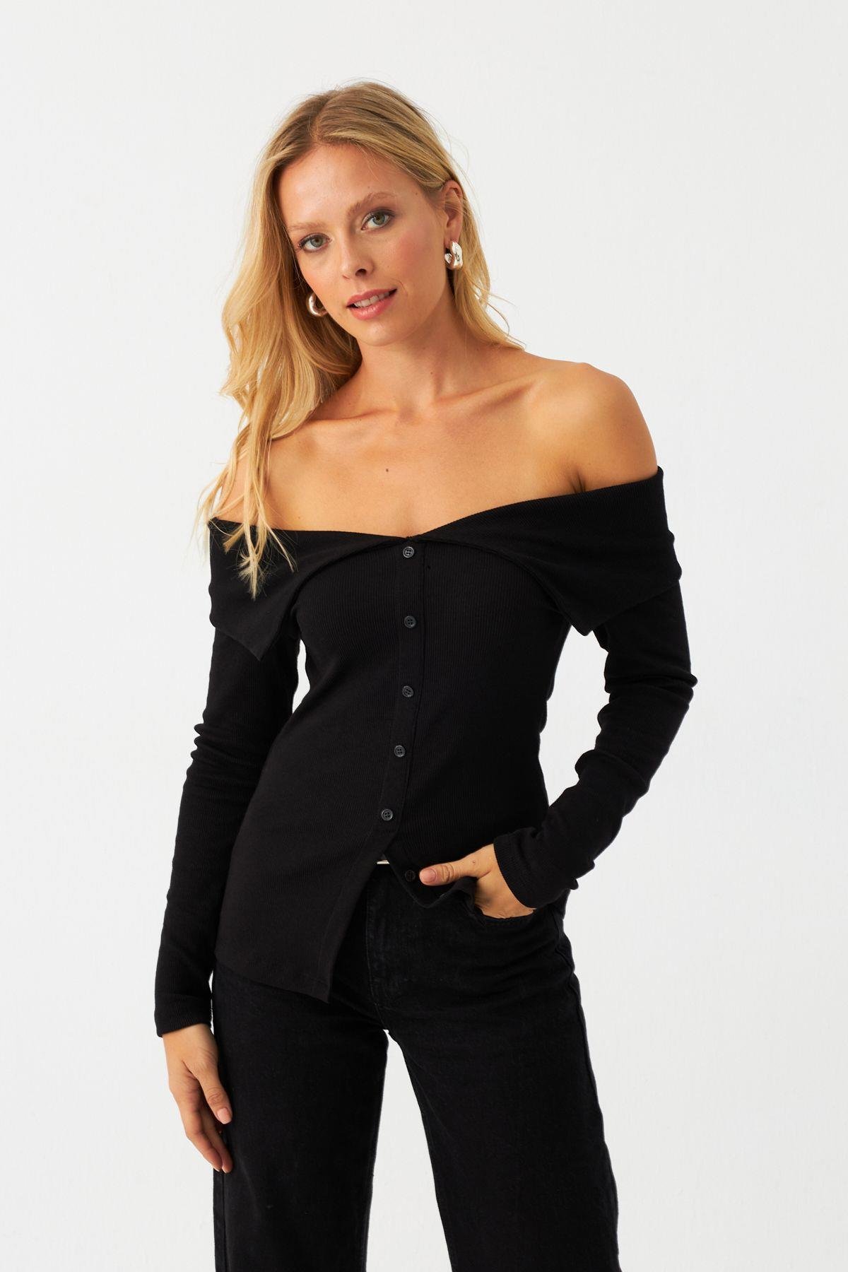 Kadın Siyah Kaşkorse Bluz RLO3032-9