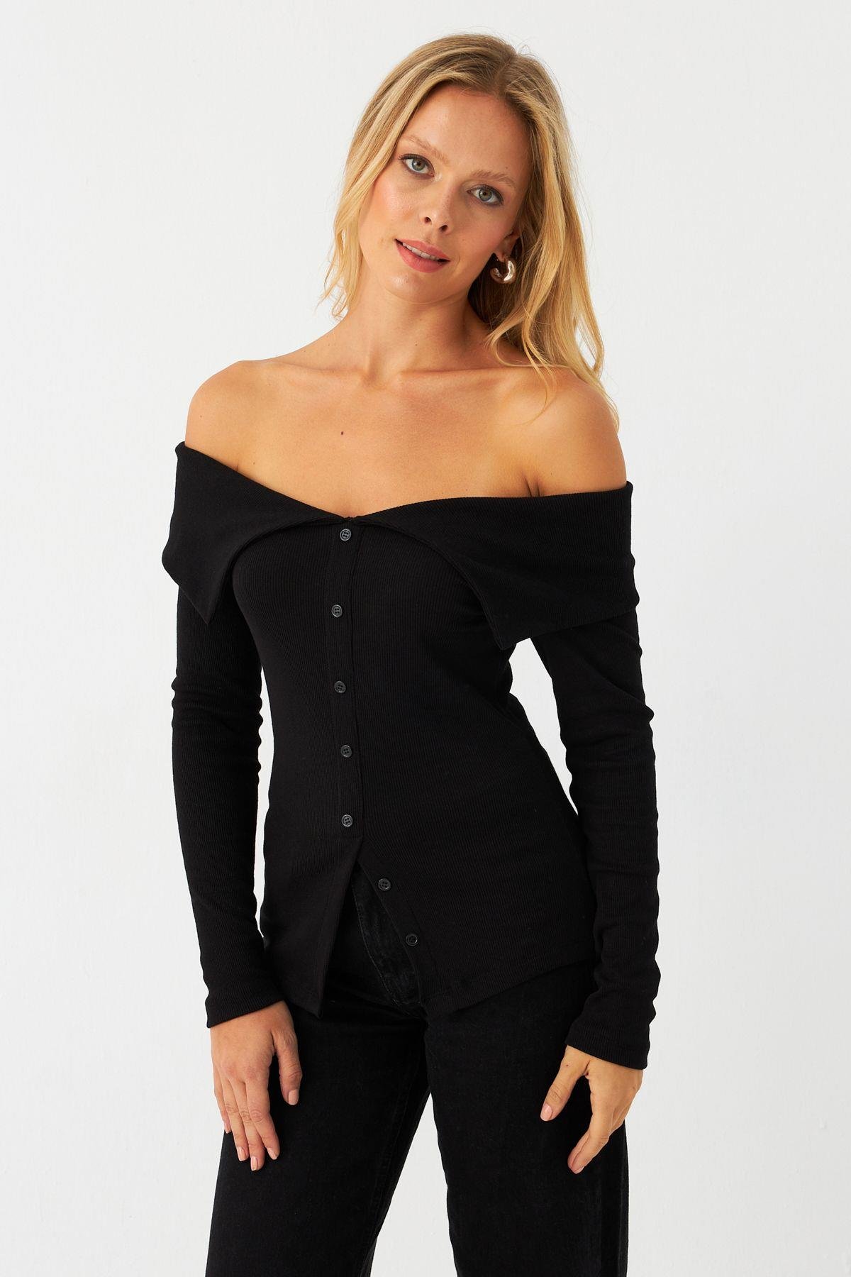 Kadın Siyah Kaşkorse Bluz RLO3032-9